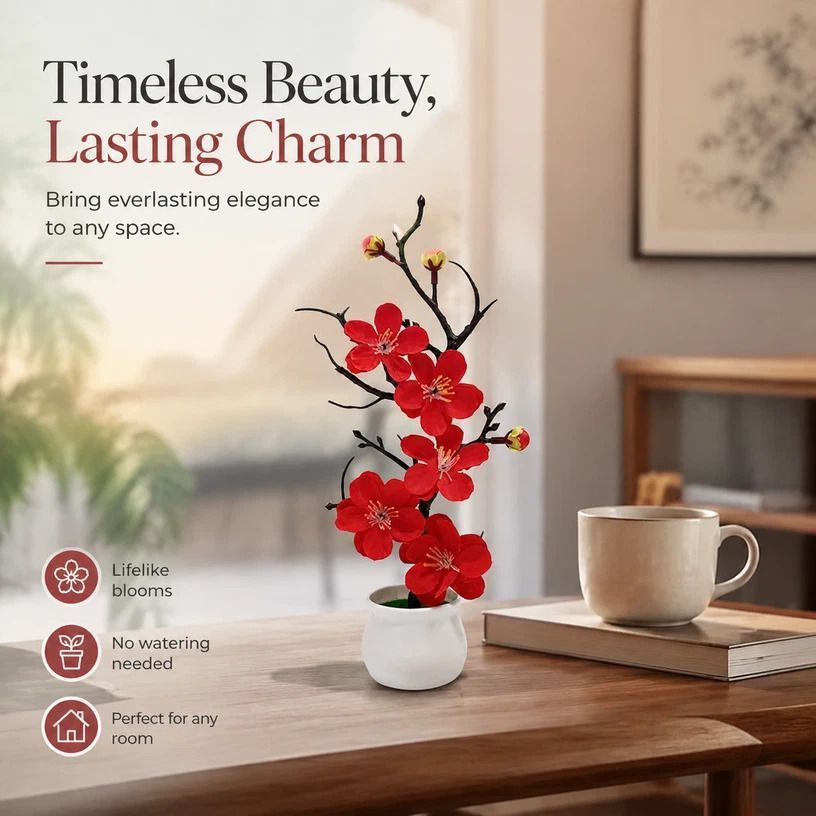 Soft Silk Wintersweet Jar Bonsai Table Decor Red