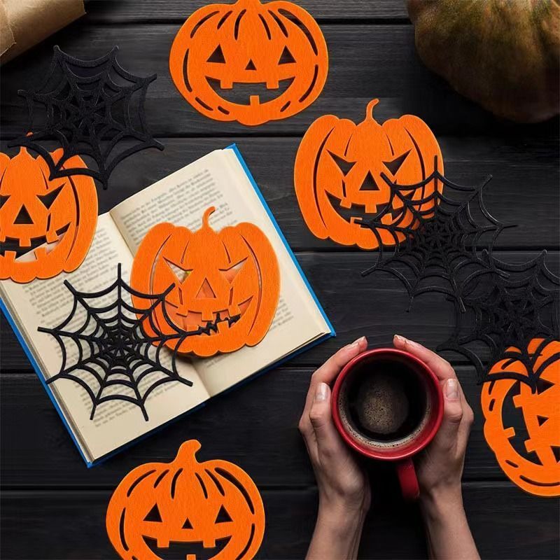 14pk Mixed Pumpkin & Spider Web Halloween Felt Coasters
