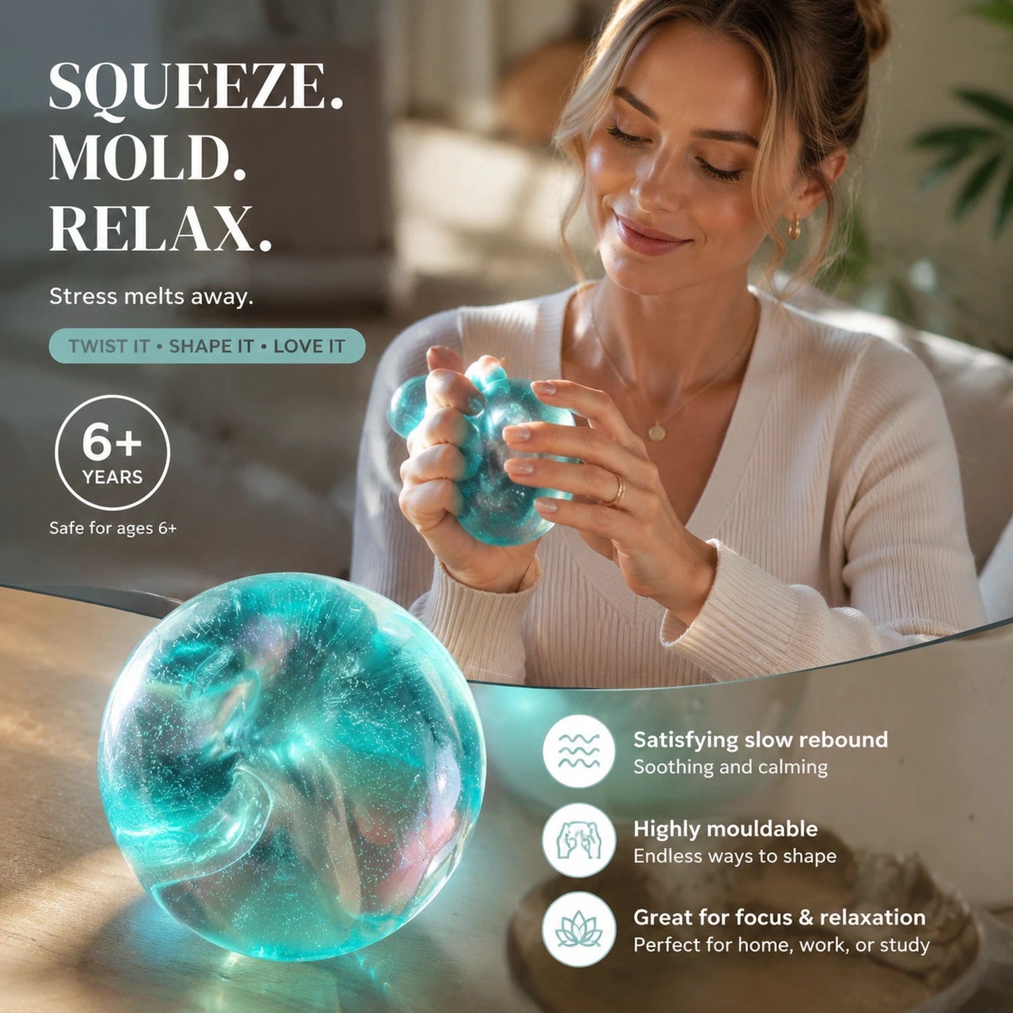 Handmade Slow Rebound Squishy Ball, Silky Stress Relief Toy 6cm Clear Blue 3 Pack