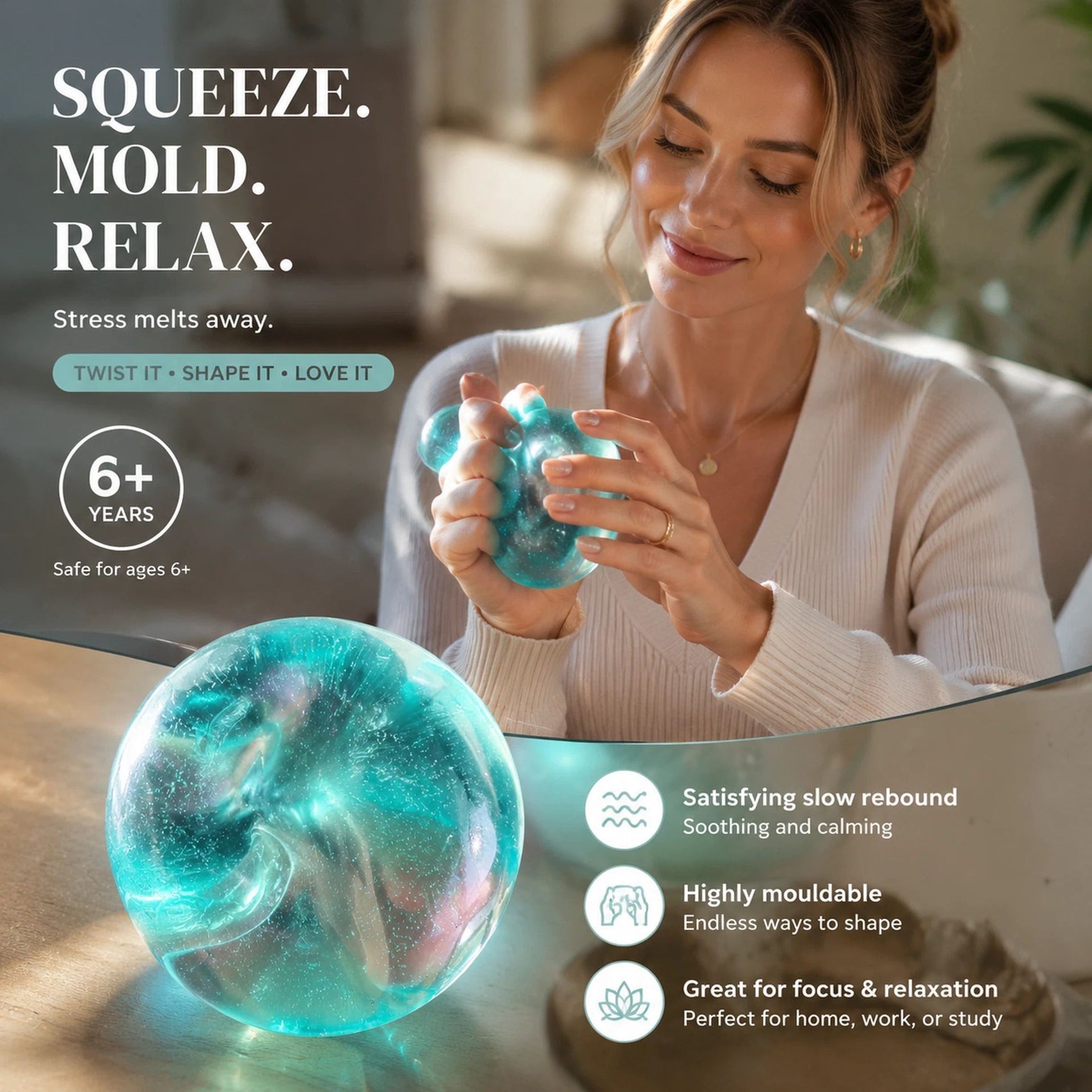 Handmade Slow Rebound Squishy Ball, Silky Stress Relief Toy 6cm Clear Blue 3 Pack