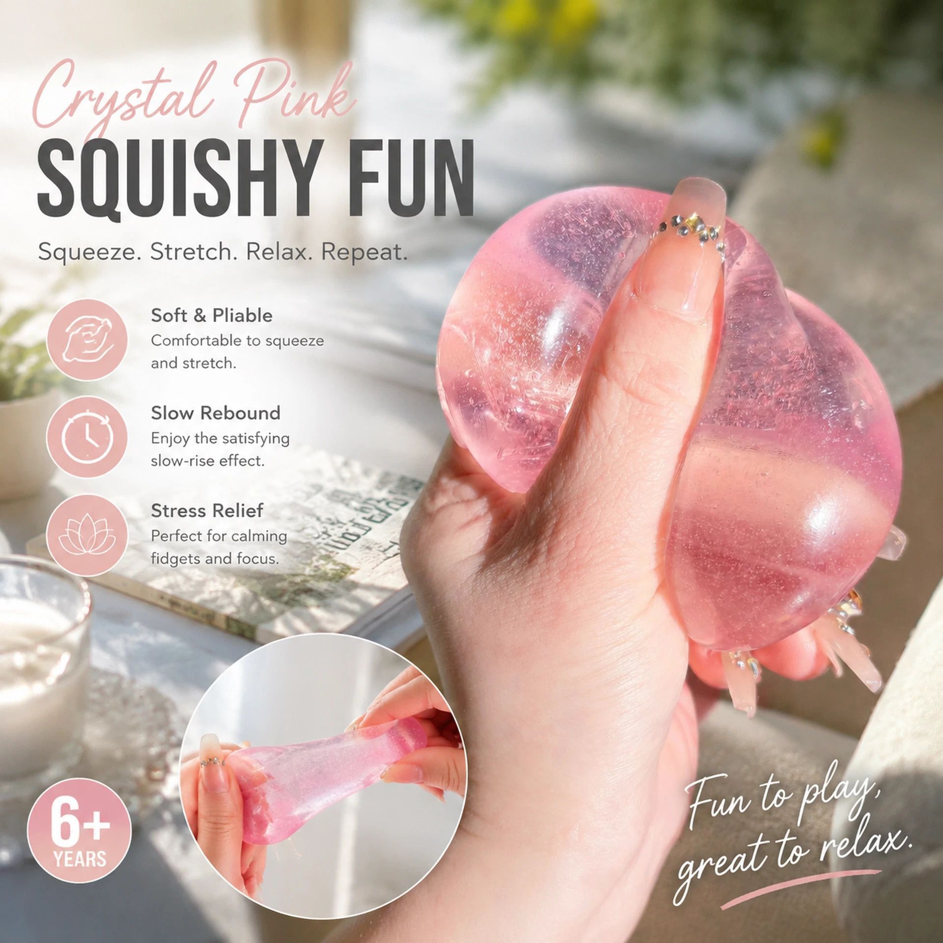 Soft Pastel Squishy Ball, Gentle Desk Calming Fidget Toy 6cm Baby Pink 3 Pack