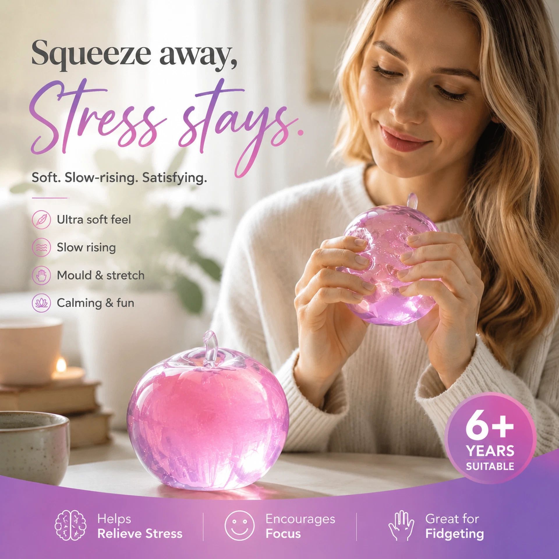Sweet Pink Apple Maltose Squishy, Lazy Patio Stress Relief Toy 6cm 3 Pack