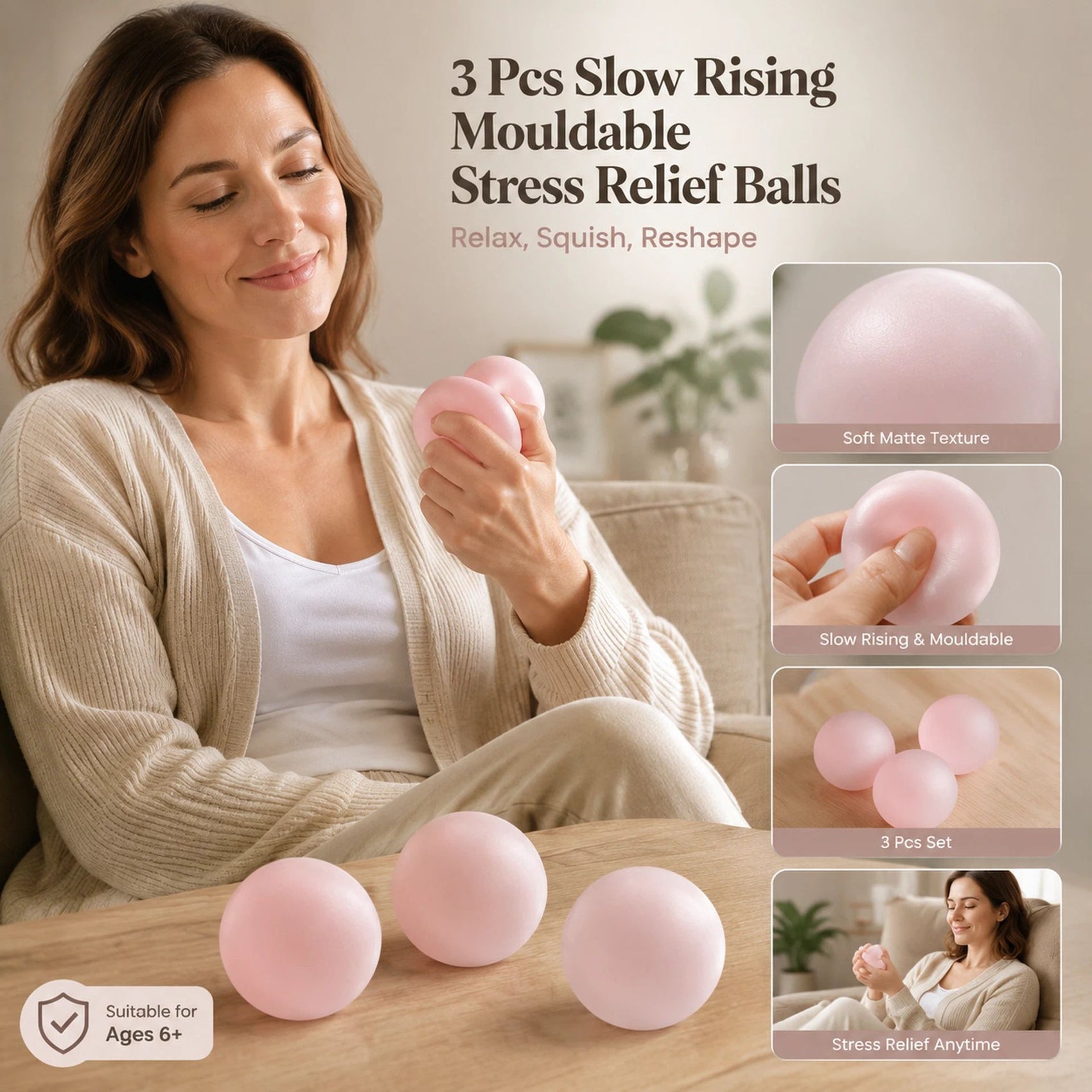 Matte Dreamy Pink Mood Squishy 6cm 3 Pack