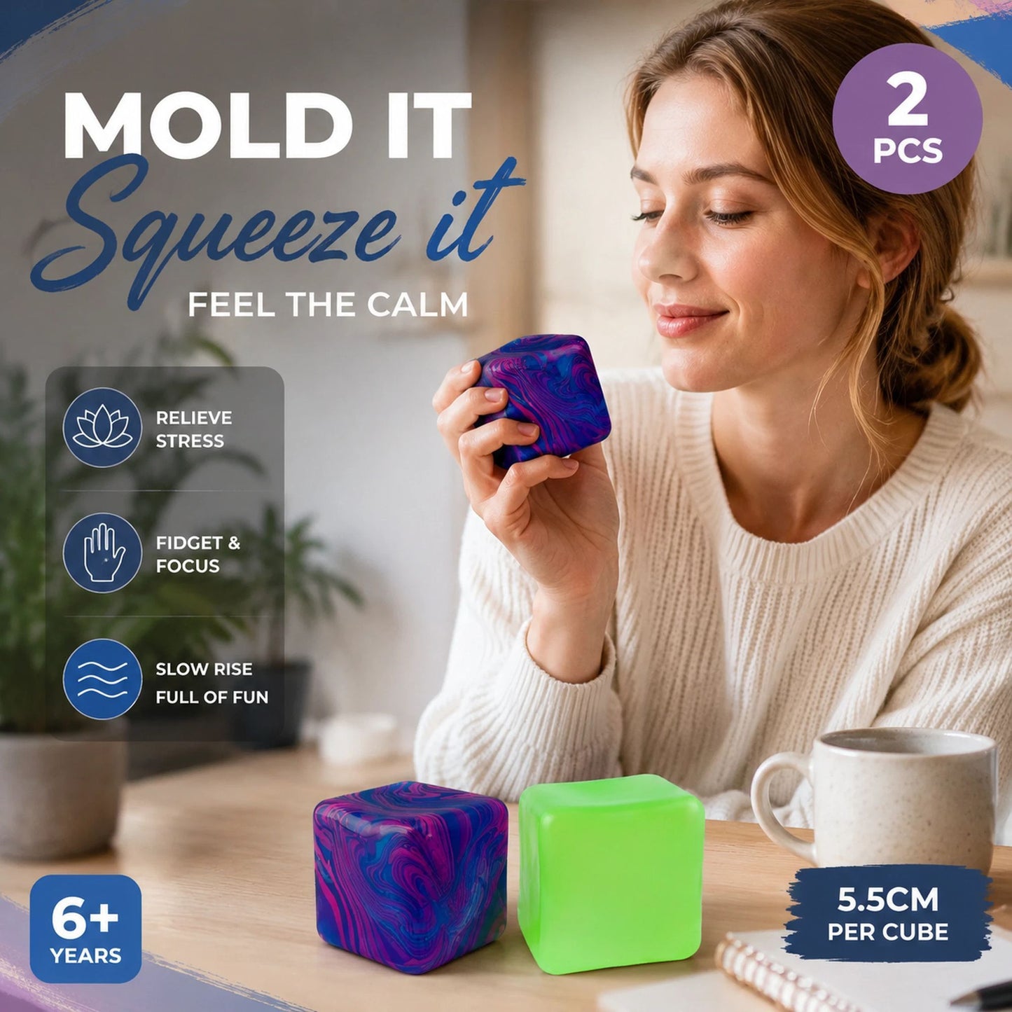 Coastal Marbled Blue + Solid Green Ice Cube Squishy 2 Pack