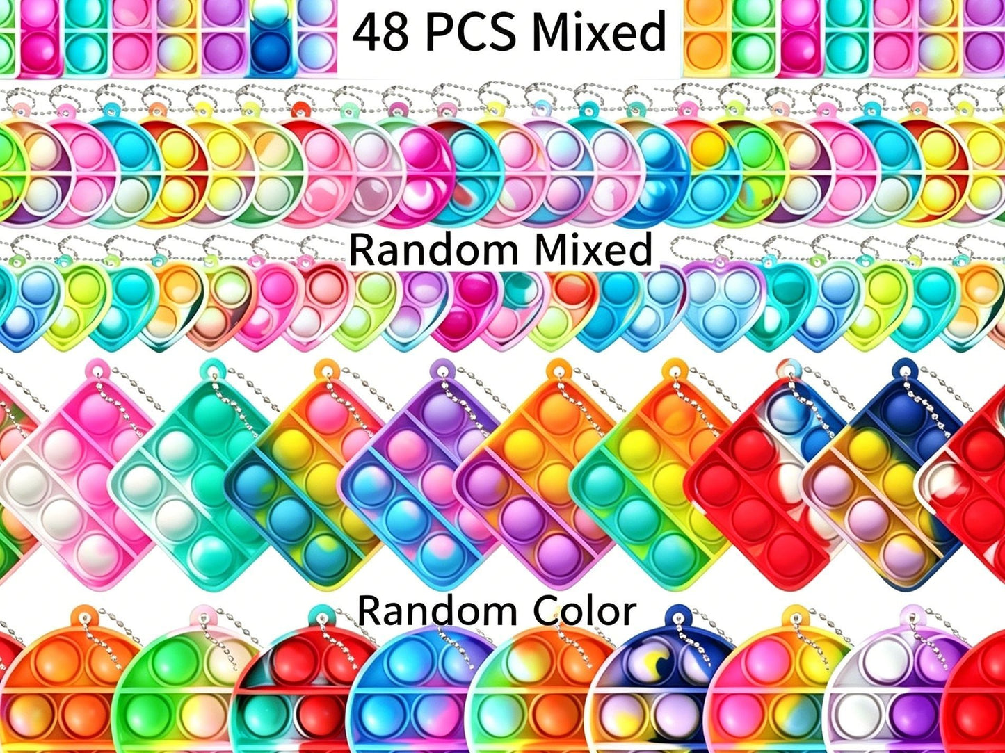 48pk Assorted Mixed Size Pop It Fidget Keychains