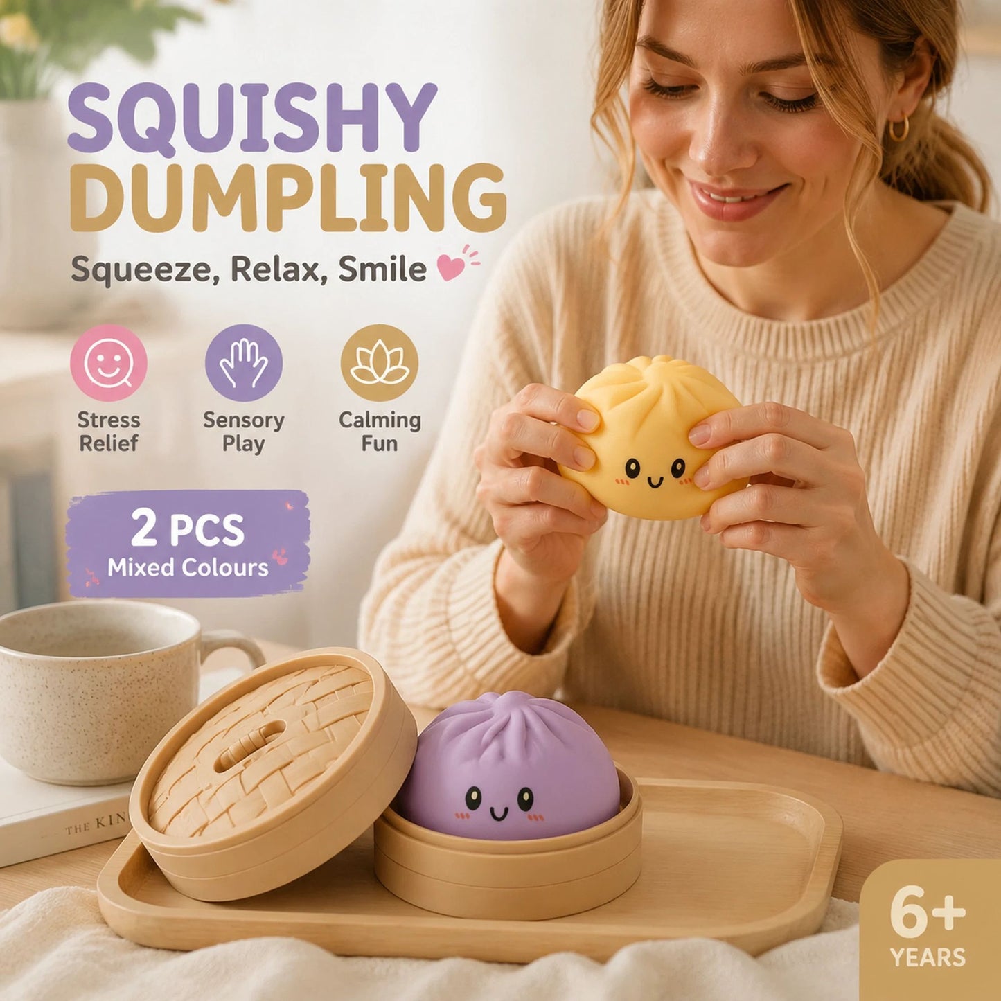 Stress Relief Duo Plain Yellow & Plain Purple Bun Squishy 2 Pack, Soft Calming Pair