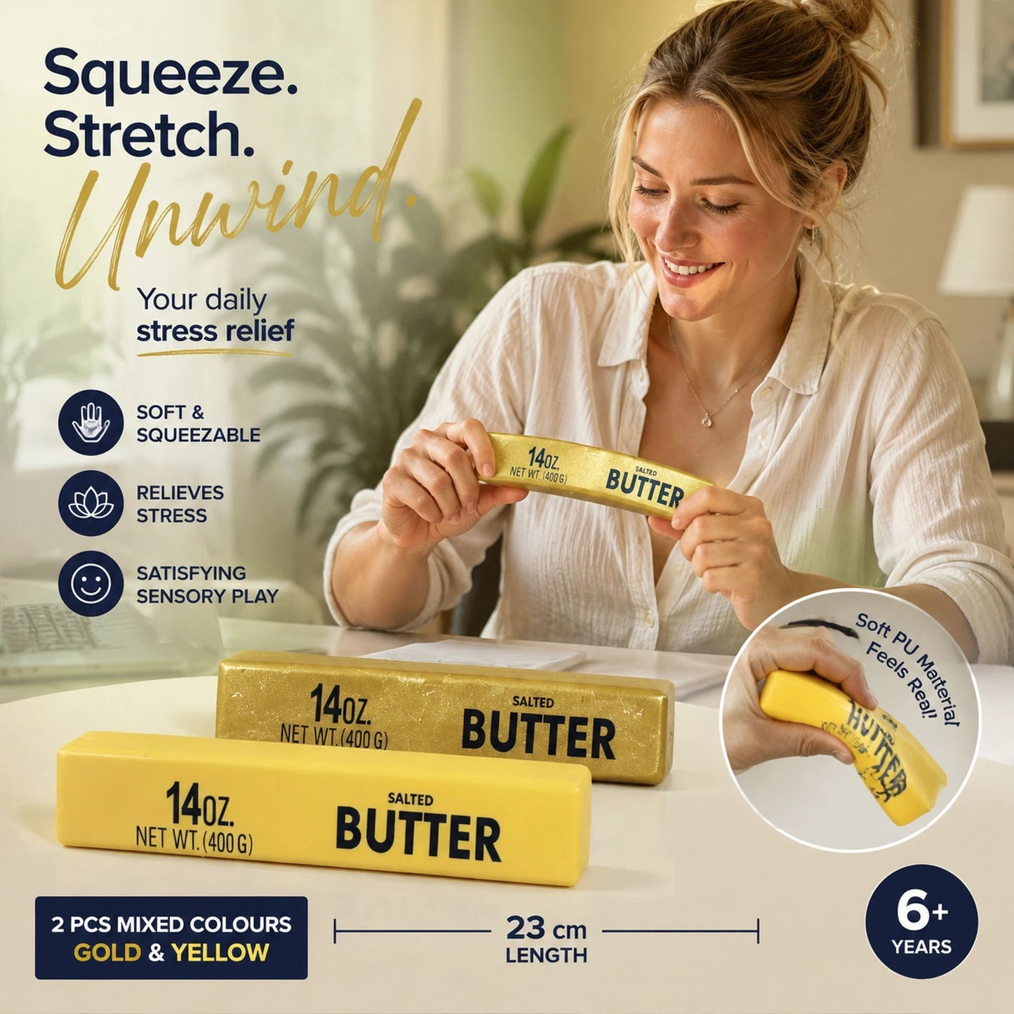 Golden & Yellow Butter Stick 23cm Stress Relief Toy 2 Pack