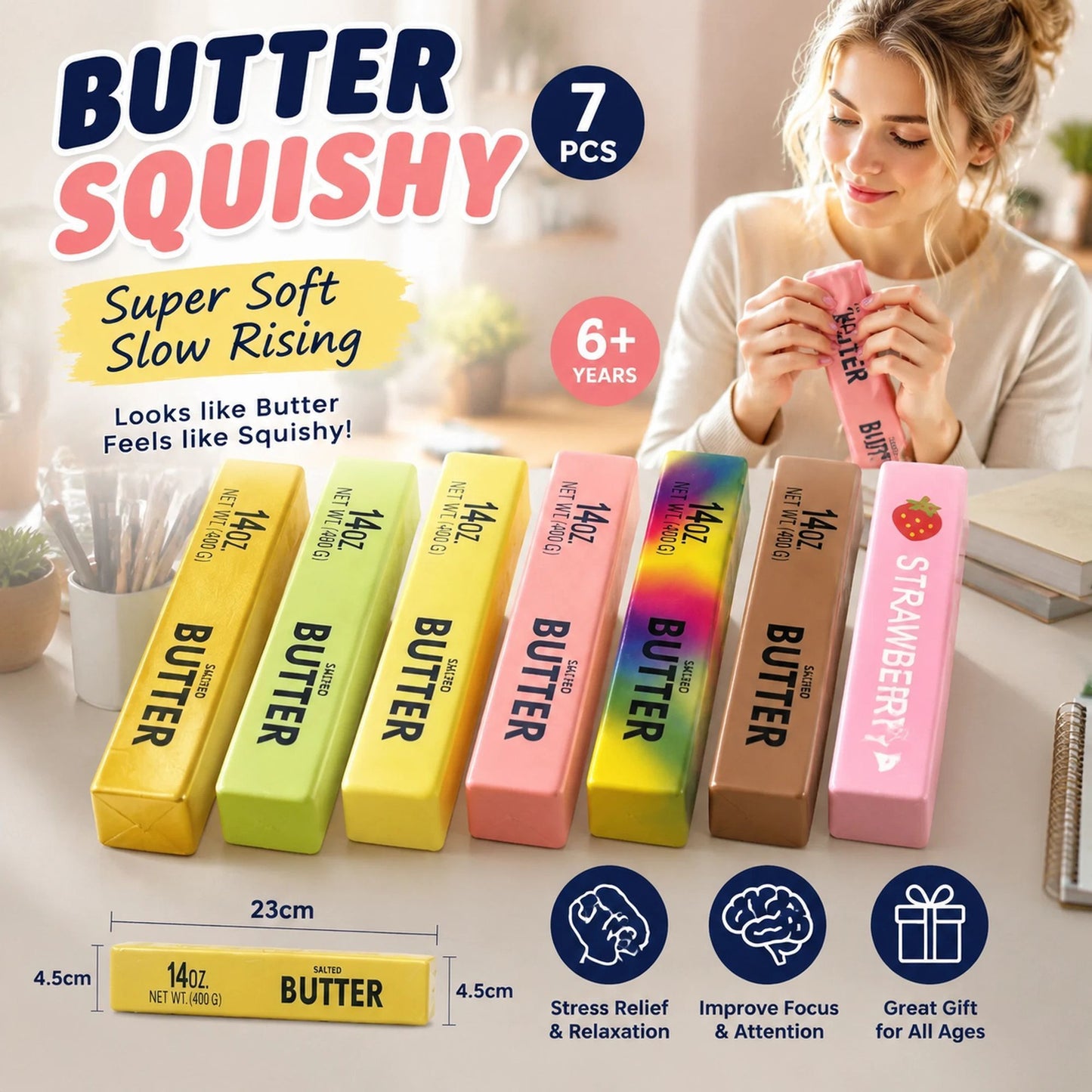 Ultra Soft Slow Rebound Stress Relief Toy, 24cm Large Butter Stick 7-Colour Mix 7 Pack, Nice Gift