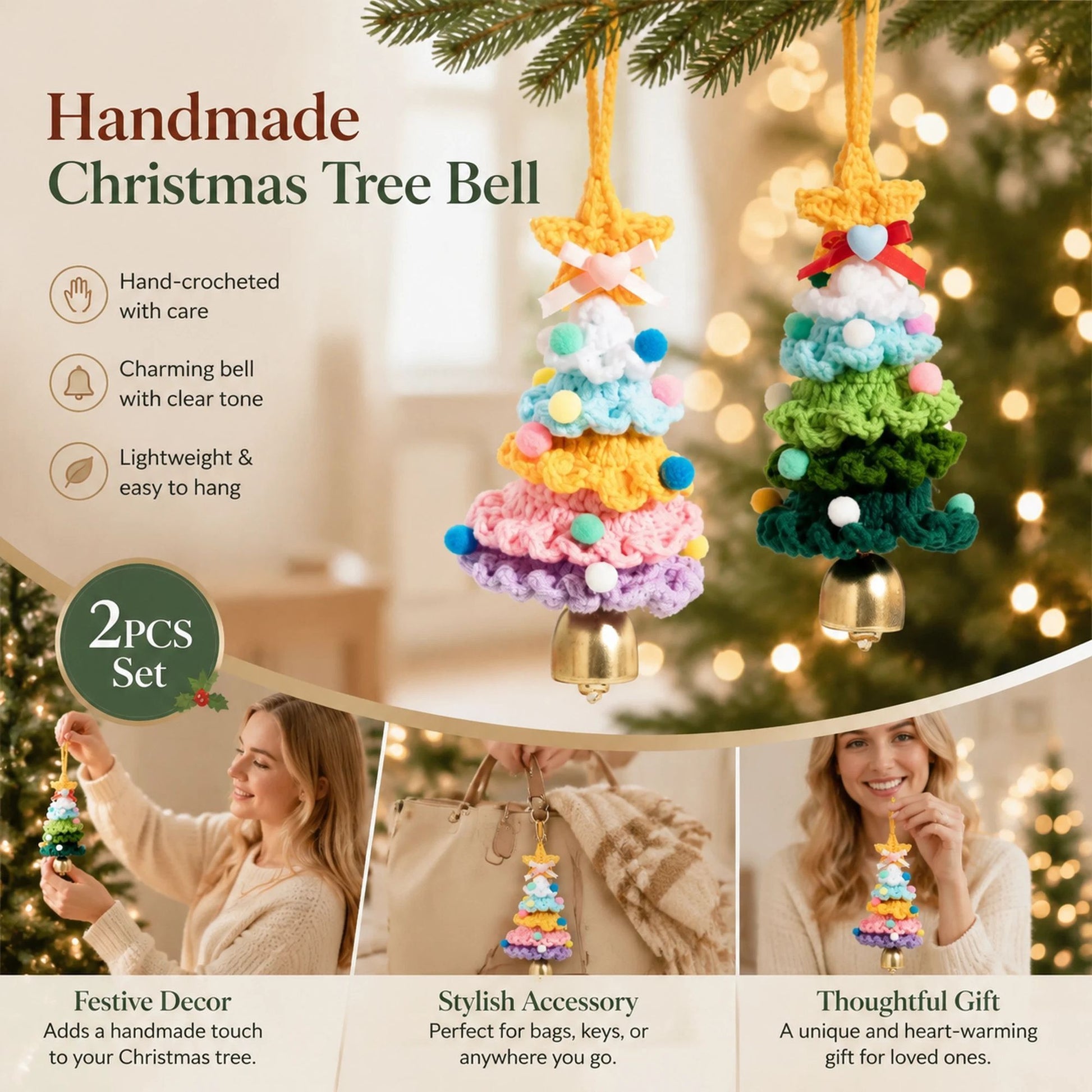 2 Pack Crochet Ornament C+E Green & Rainbow 2, Xmas Decor Duo