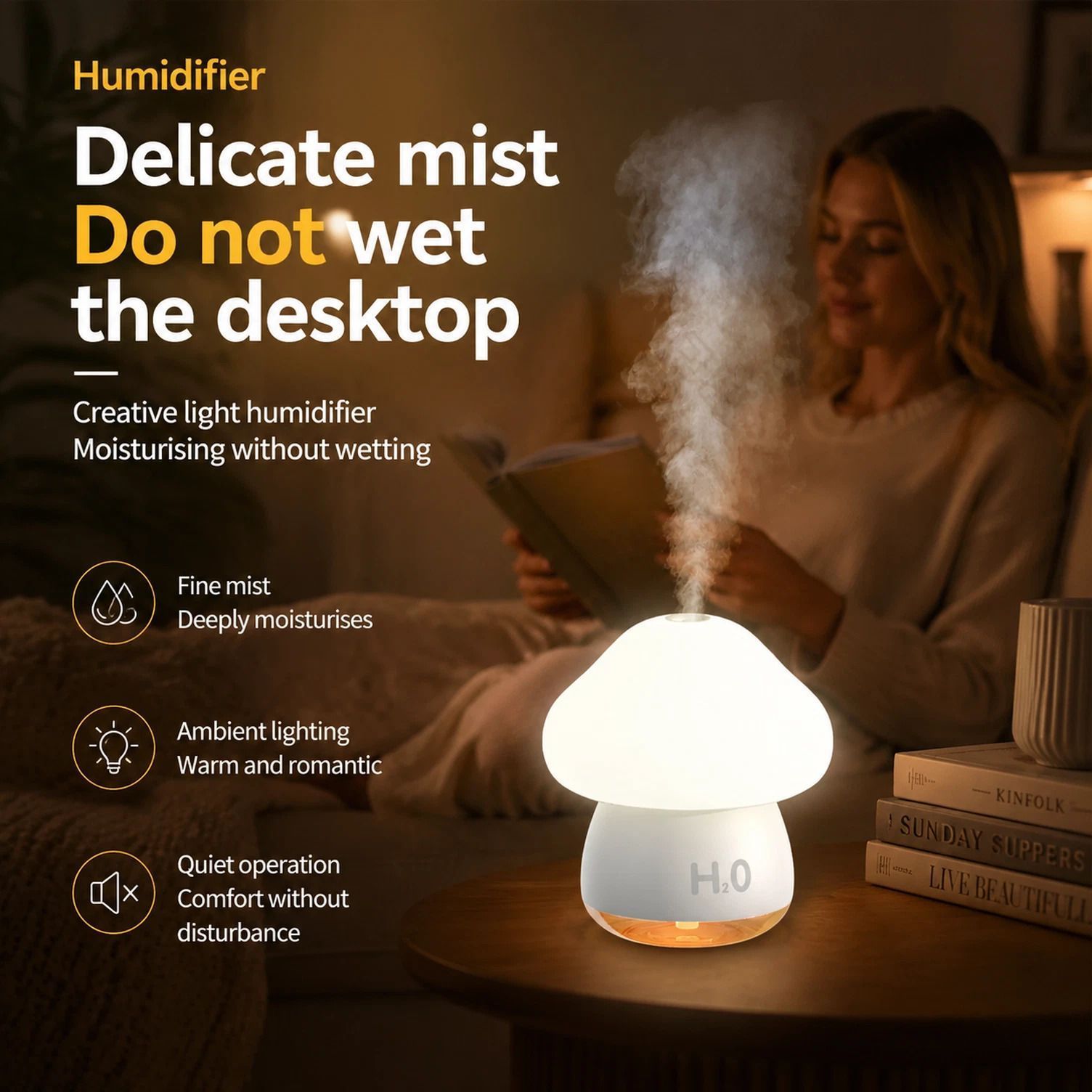 Tap Control Night Light Humidifier, Cream, Home Decor Gift