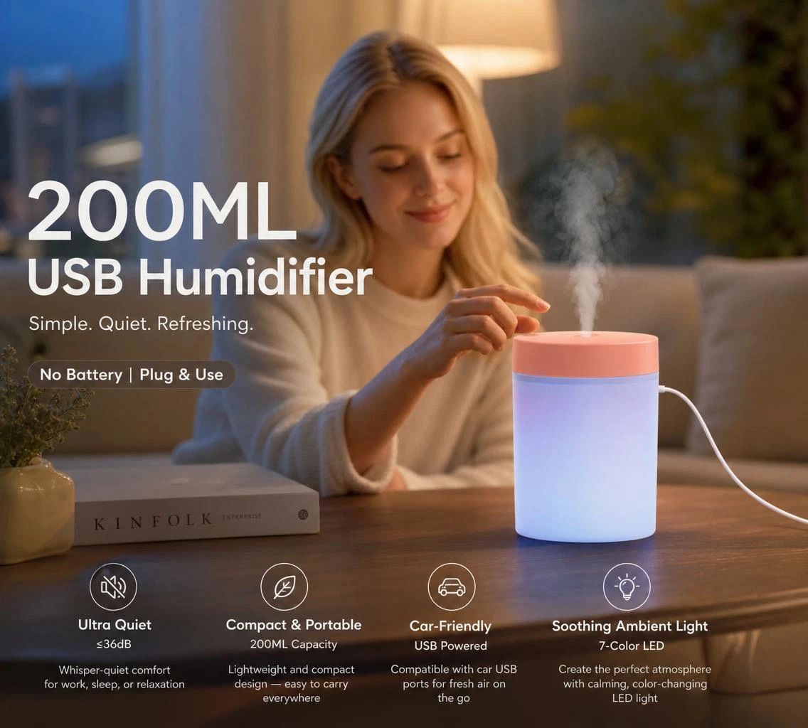 USB Mini Humidifier with Aroma Light, Pink, Holiday Present