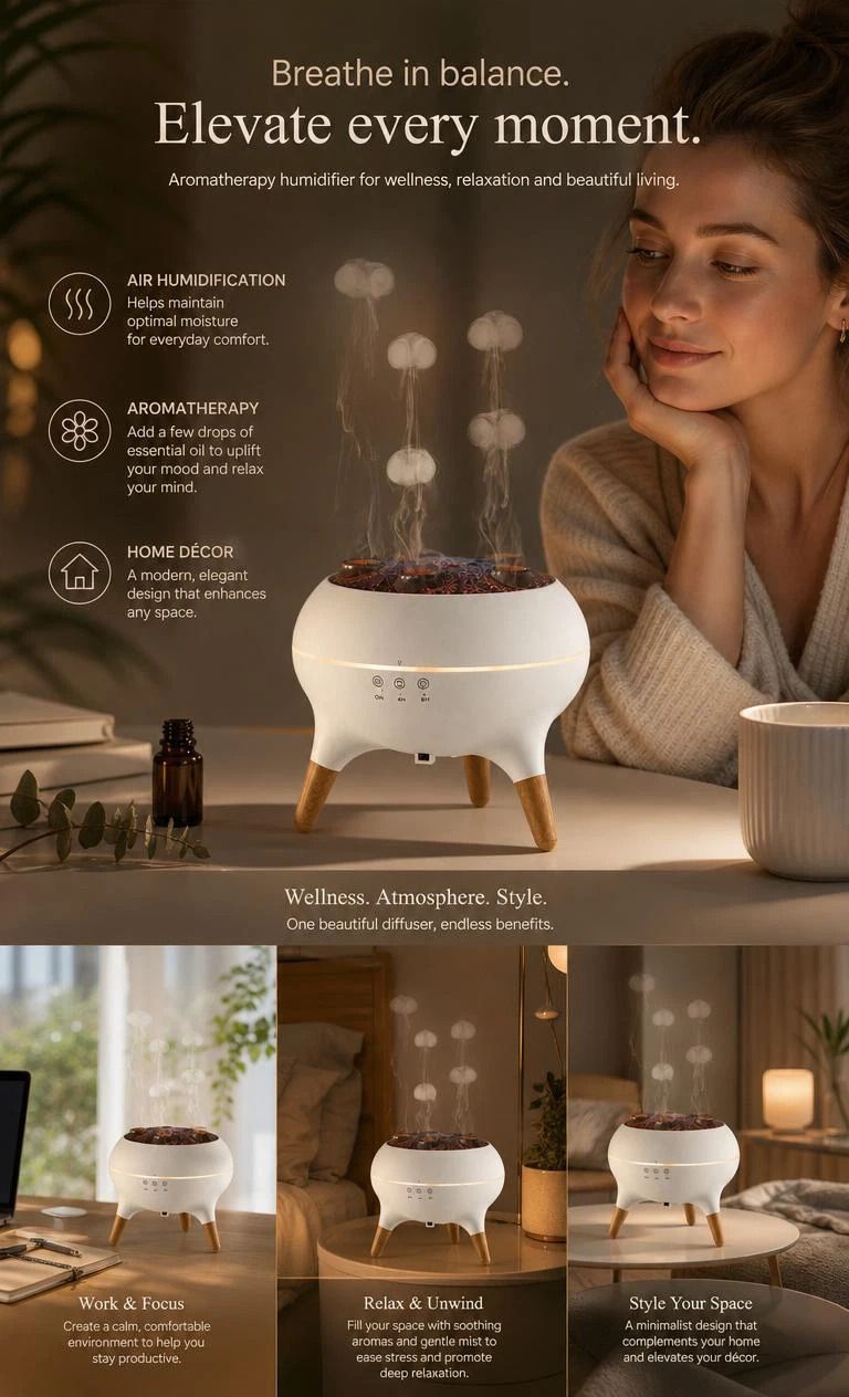 Vibrant Jellyfish Scent Humidifier, Audio Triggered Atmosphere Lamp, Calming Living Room Decor