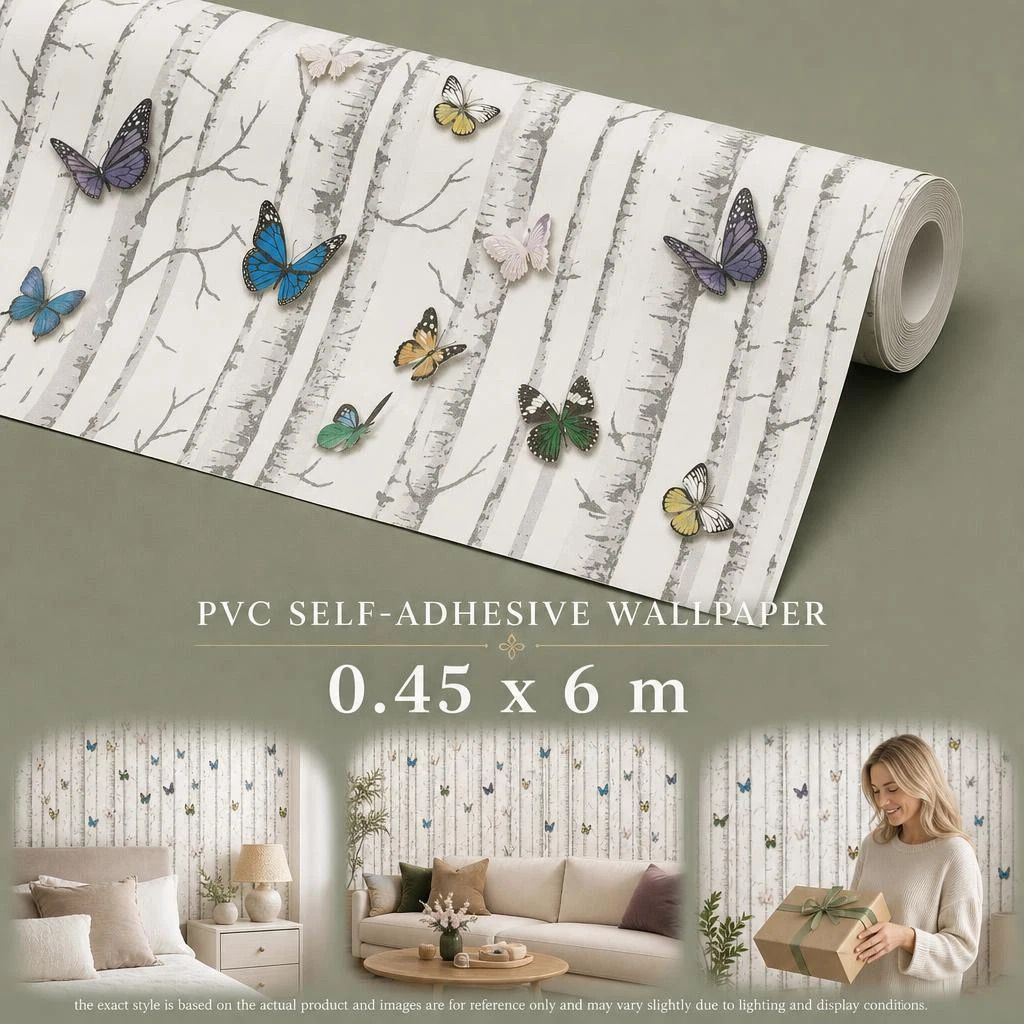 Self Adhesive Decor Wallpaper 0.45x6M, Colorful Butterfly Print, Fresh Bedroom Wall Decor
