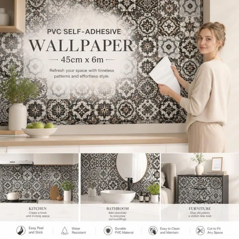 Self Adhesive Vintage Wallpaper 0.45x6M, Retro Lattice Pattern, Classic House Decor