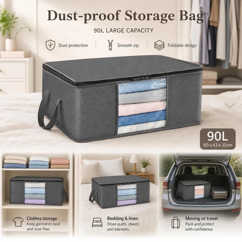 Extra Large 90L Quilt Storage Pouch Grey, Black Edge Black Zipper, Durable Thick Fabric Organizer