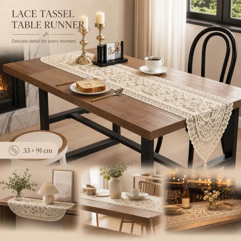 Lace Tassel Table Runner 33x91cm, Beige, Warm Neutral Tone Kitchen Table Decoration