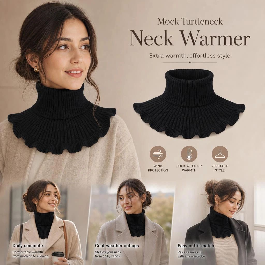 Cosy thick knit neck tube mock collar, blocks sharp winds, seamless wardrobe layering accessory, Black