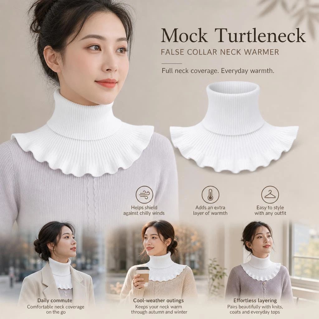 Thick knit mock collar neck snood, soft wind shield, versatile daily outfit staple, White
