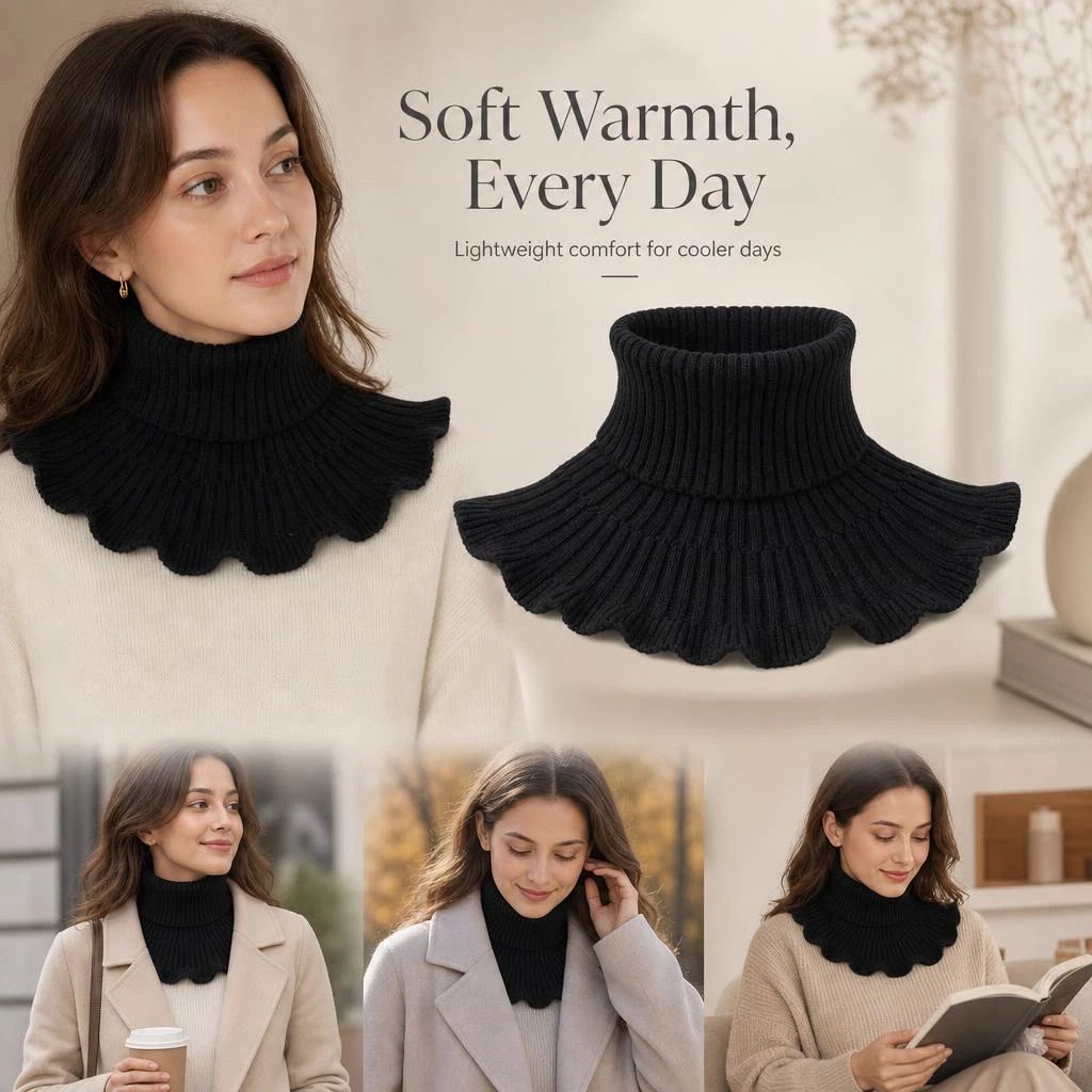 2-Pack thick black knitted mock high collar neck tubes, full wind shield two-piece wardrobe layering kit