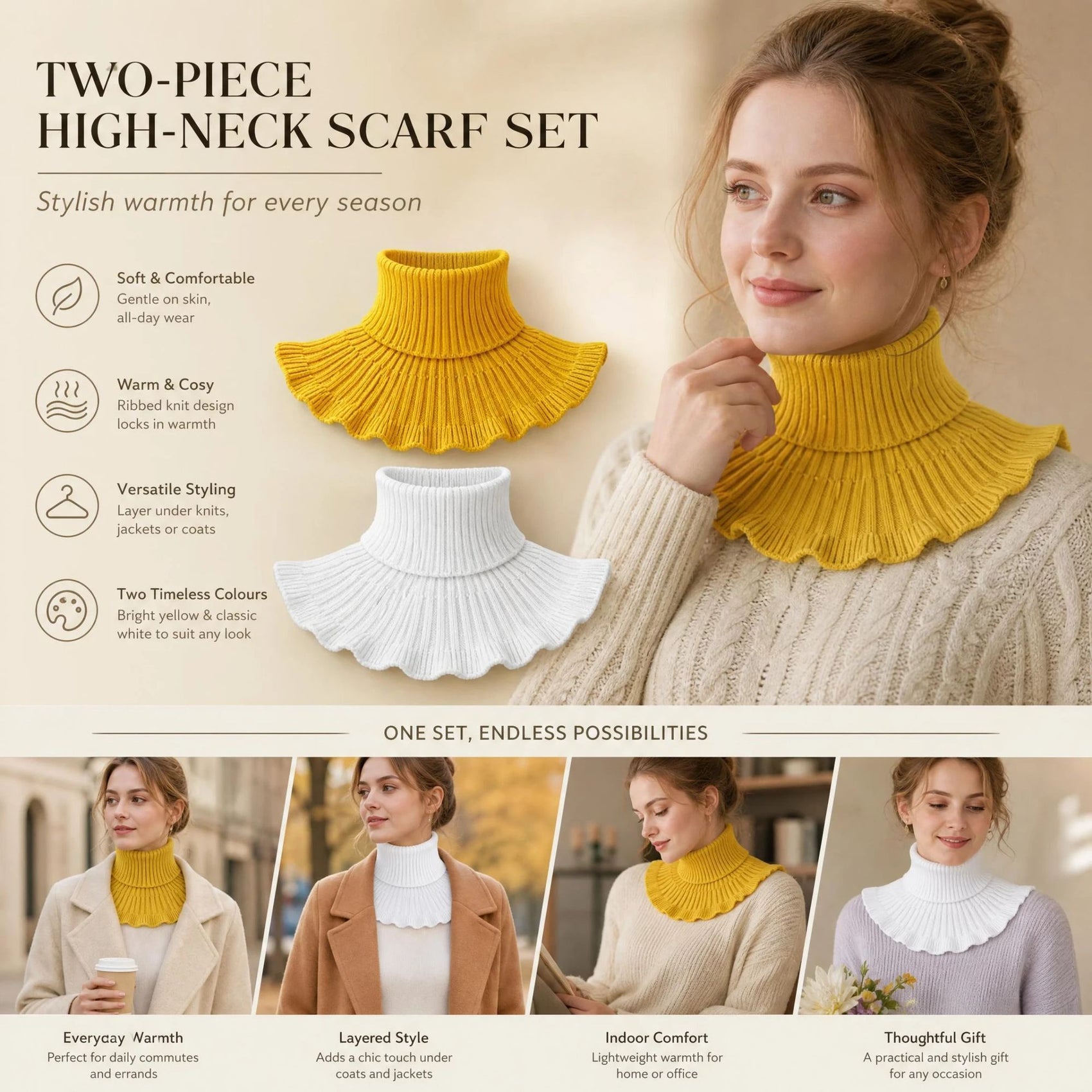 2-Pack thermal mock collar twin set Yellow & White, soft chill blocking versatile styling protector
