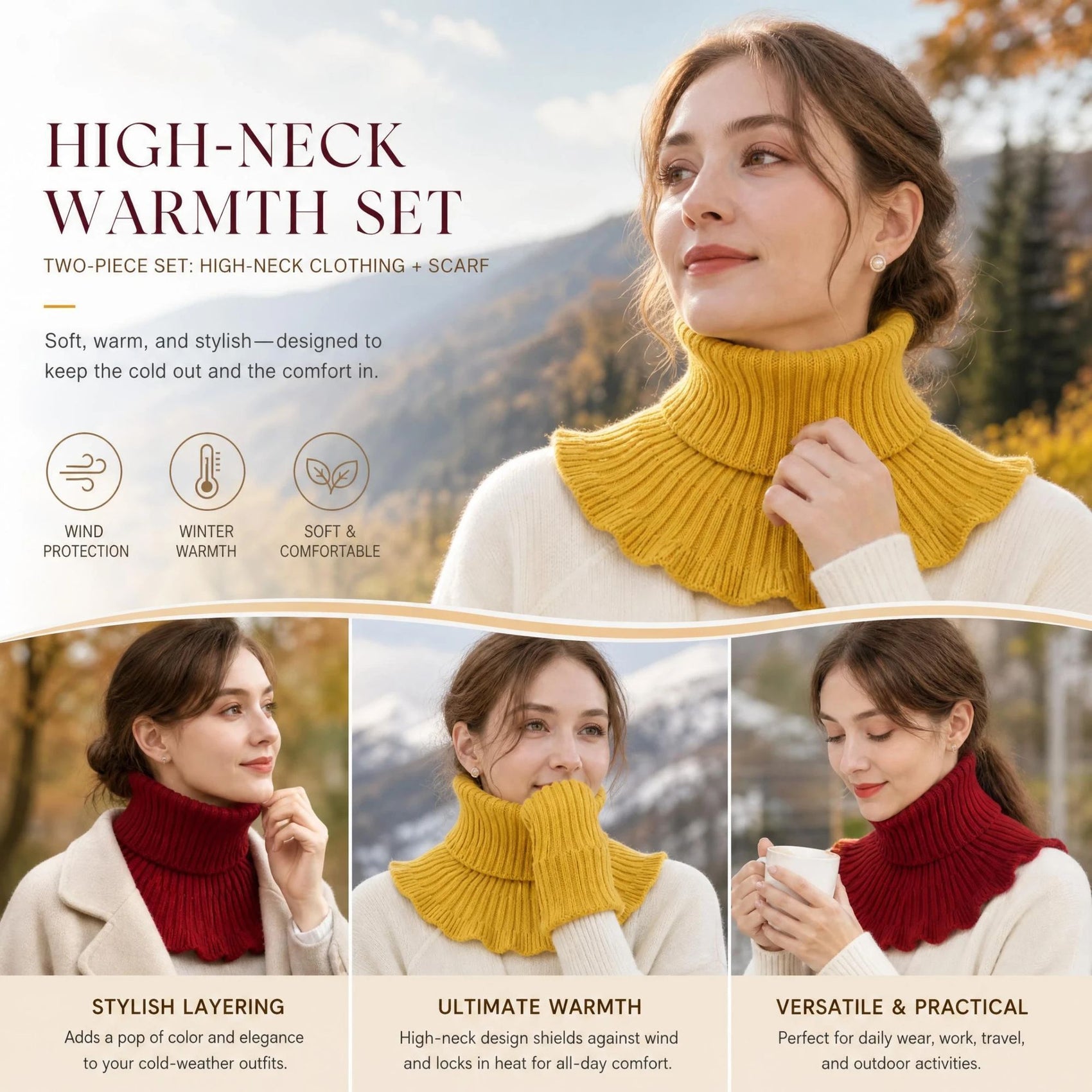 2-Pack dual colour thick knit snood Yellow & Wine Red, solid wind resistance easy layering cover