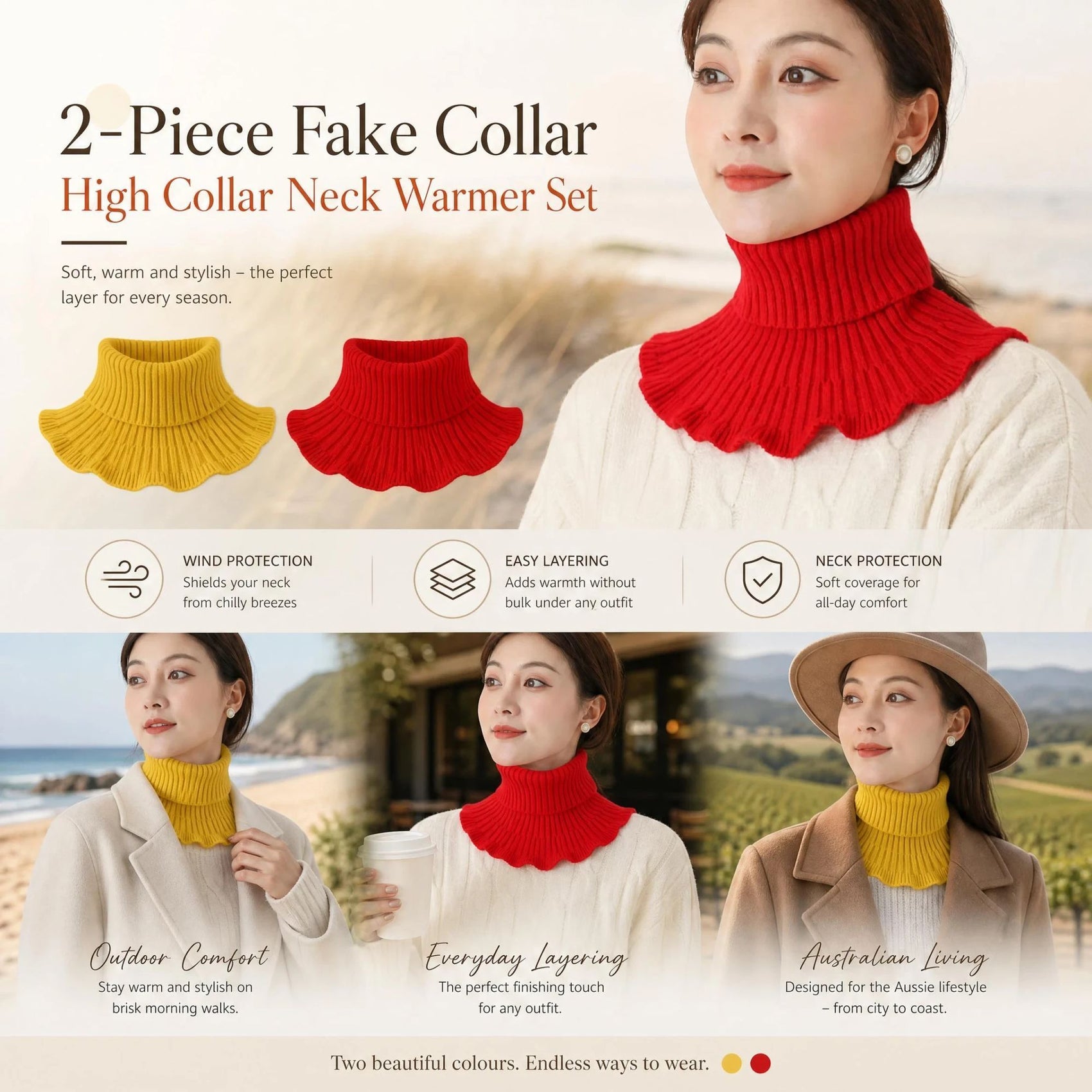 2-Pack two-tone thick knit neck protector Yellow & Bright Red, full wind coverage daily outfit snood