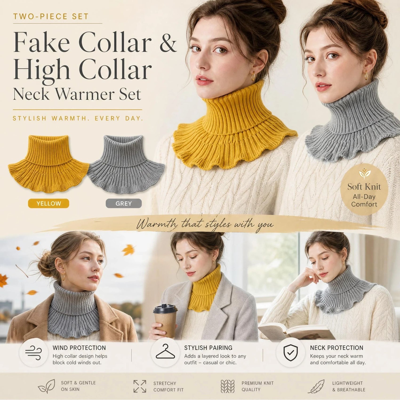 2-Pack Yellow & Grey thick knit mock collar warmers, neutral soft wind barrier dual styling combo