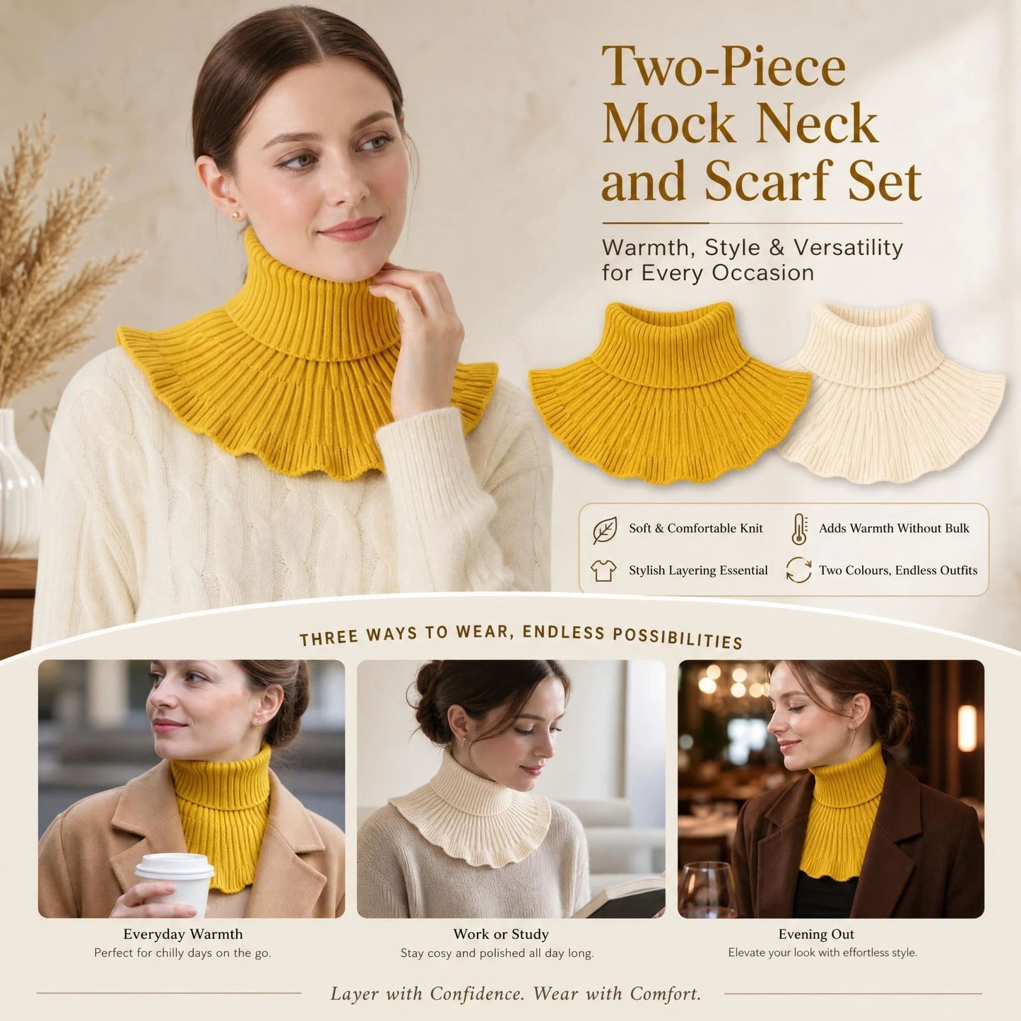 2-Pack thick knit neck tube twin set Yellow & Off White, gentle chill defence multi-outfit mock collar