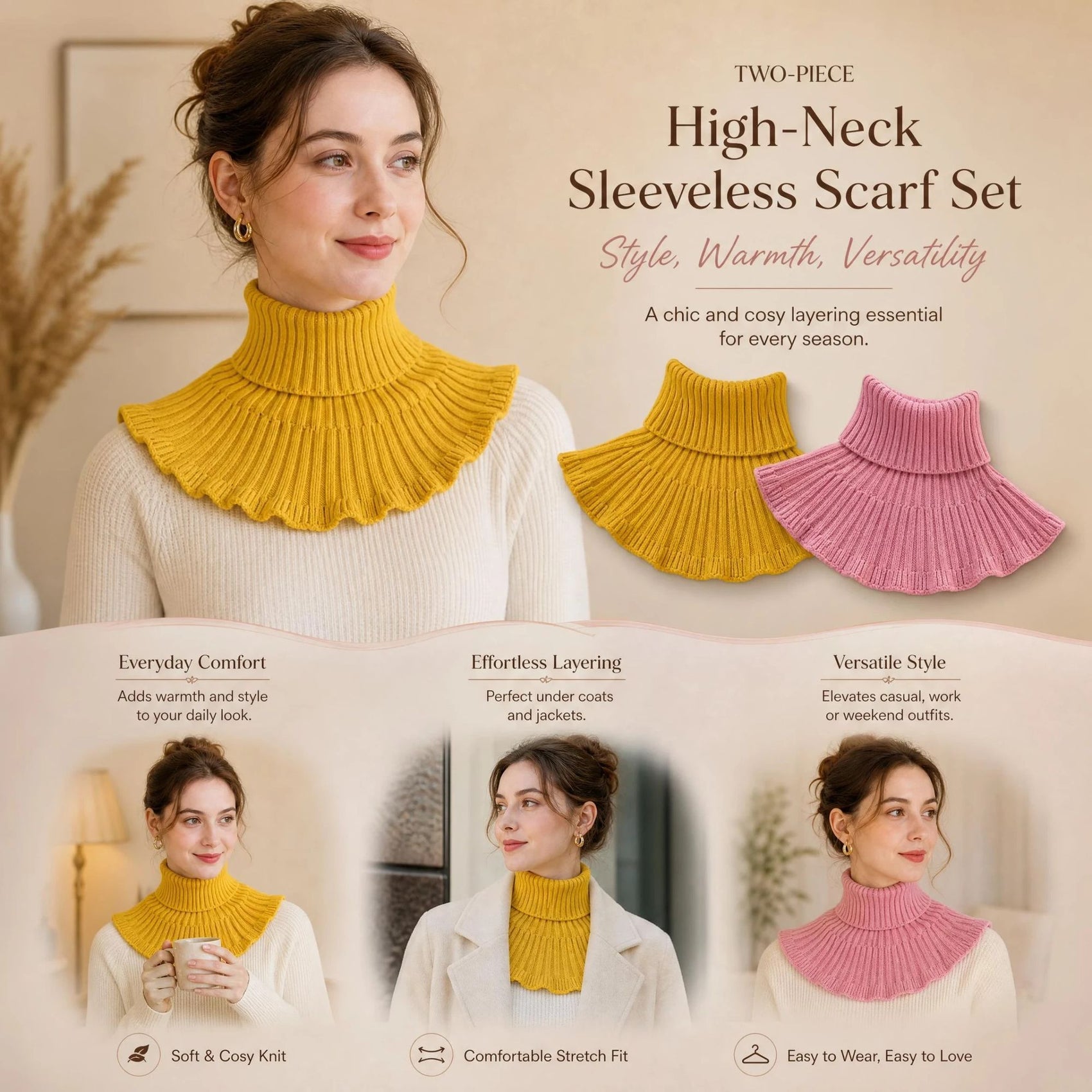 2-Pack Yellow & Pink thick knitted neck wrap combo, sweet two-tone wind shield layering snood