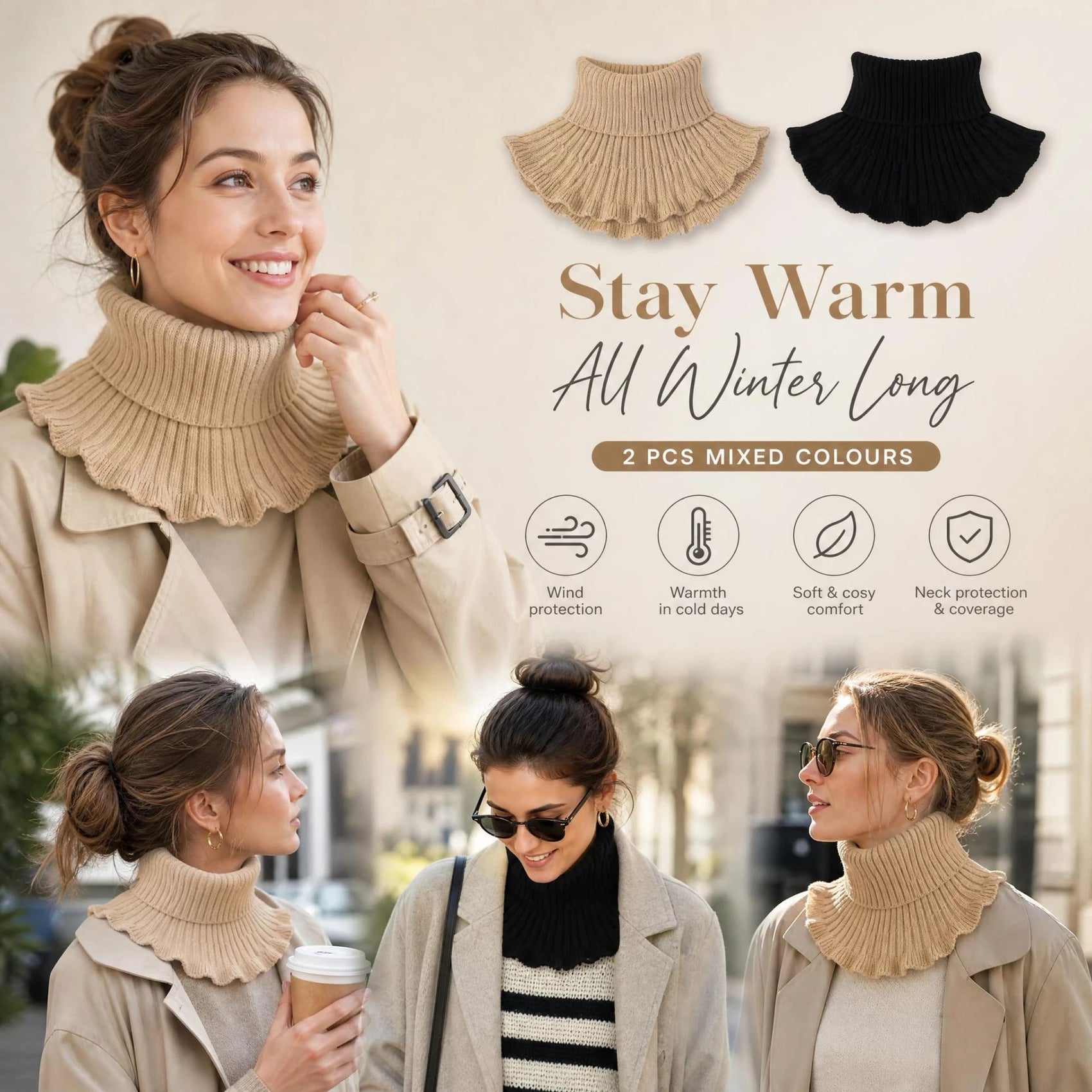 2-Pack Khaki & Black thick knit mock neck warmers, classic dual colour strong wind barrier twin kit