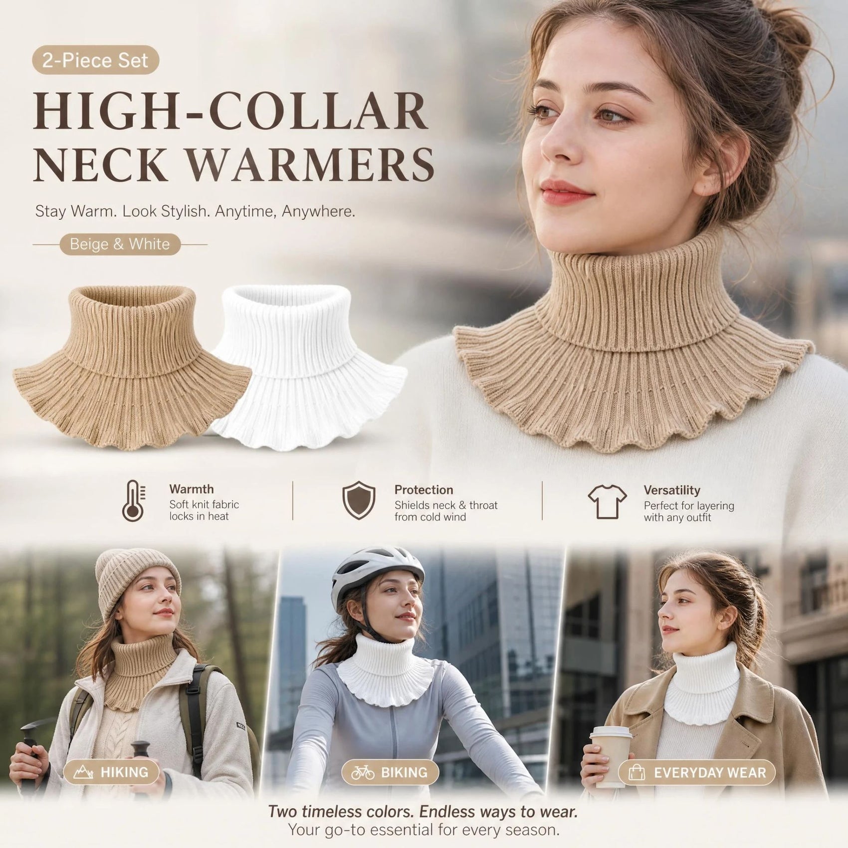 2-Pack Khaki & White thick thermal neck tube set, clean neutral chill blocking mock collar wrap