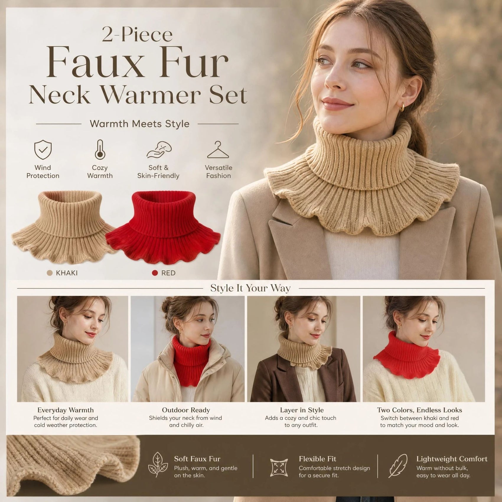 2-Pack Khaki & Bright Red thick knitted mock collar snood set, full wind coverage twin layering pack