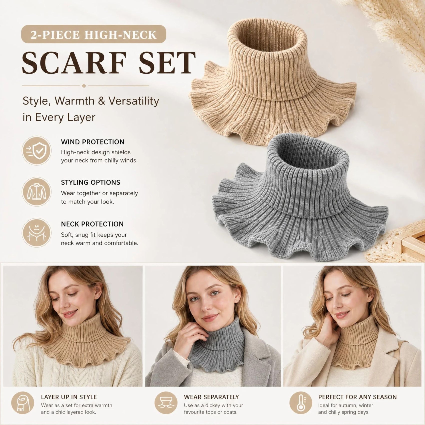 2-Pack Khaki & Grey thick mock high collar warmers, low-key neutral steady wind barrier two-piece kit