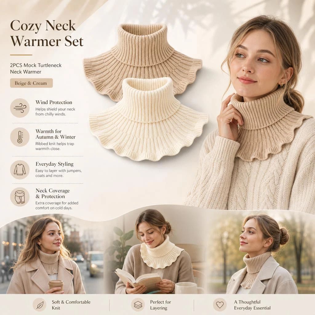 2-Pack Khaki & Off White thick knit snood combo, soft chill defence multi-outfit layering twin set