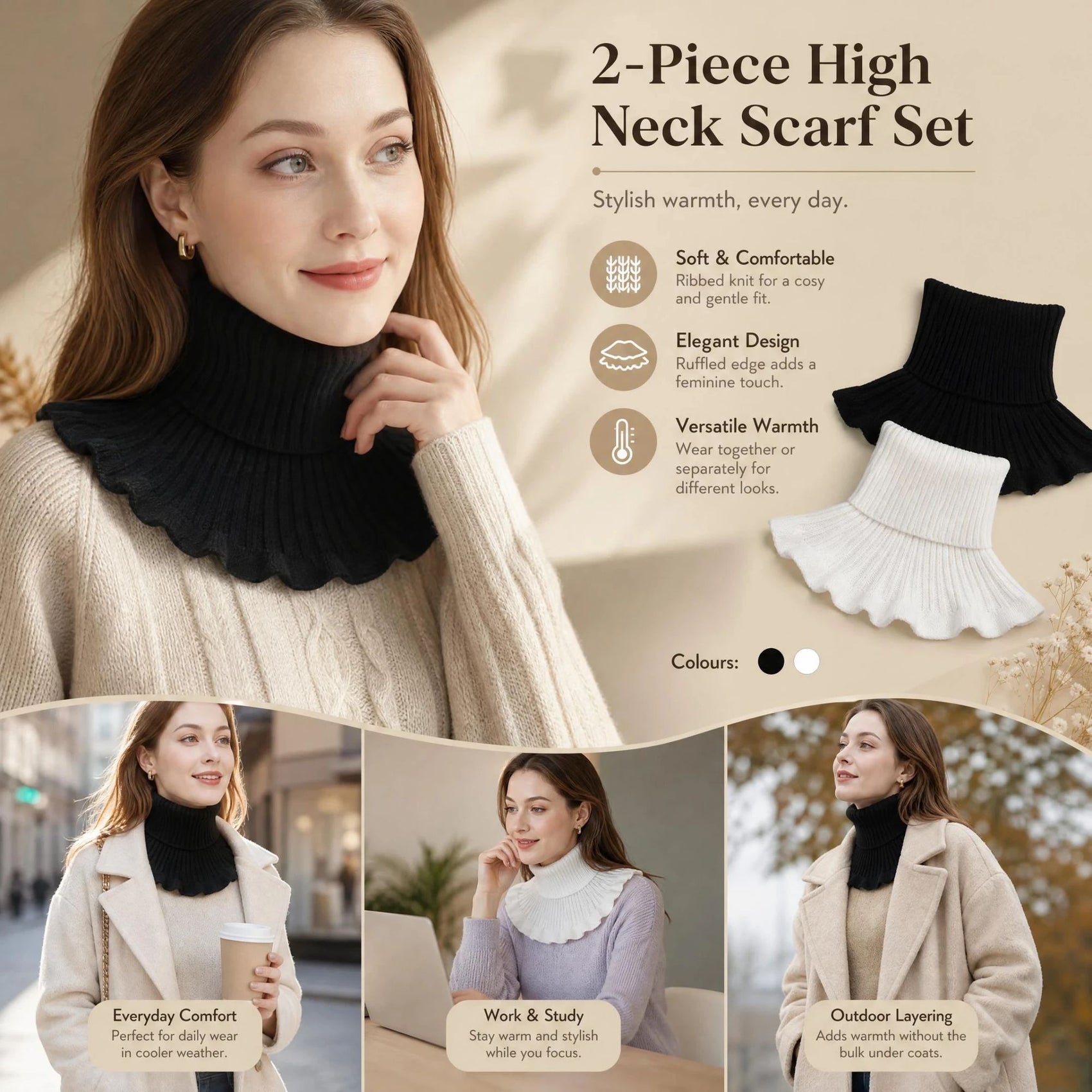 2-Pack Black & White thick knit mock collar warmers, classic all-outfit chill blocking dual neck tube