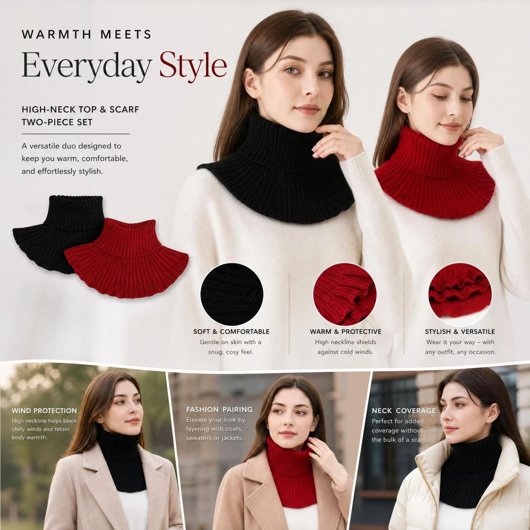 2-Pack Black & Wine Red thick knitted neck tube set, minimalist solid wind resistance styling combo