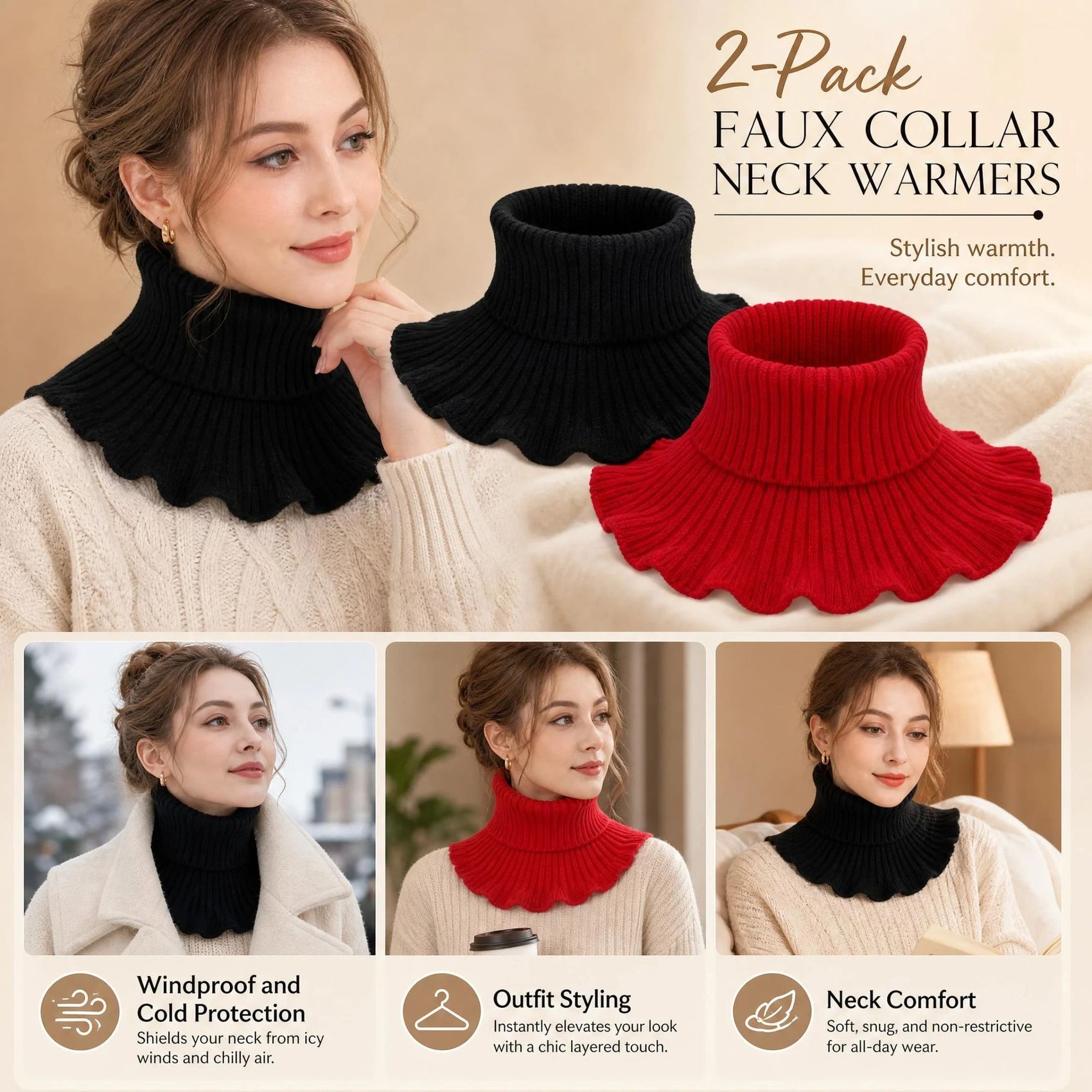 2-Pack Black & Bright Red thick neck protector combo, contrast tone full wind coverage mock collar