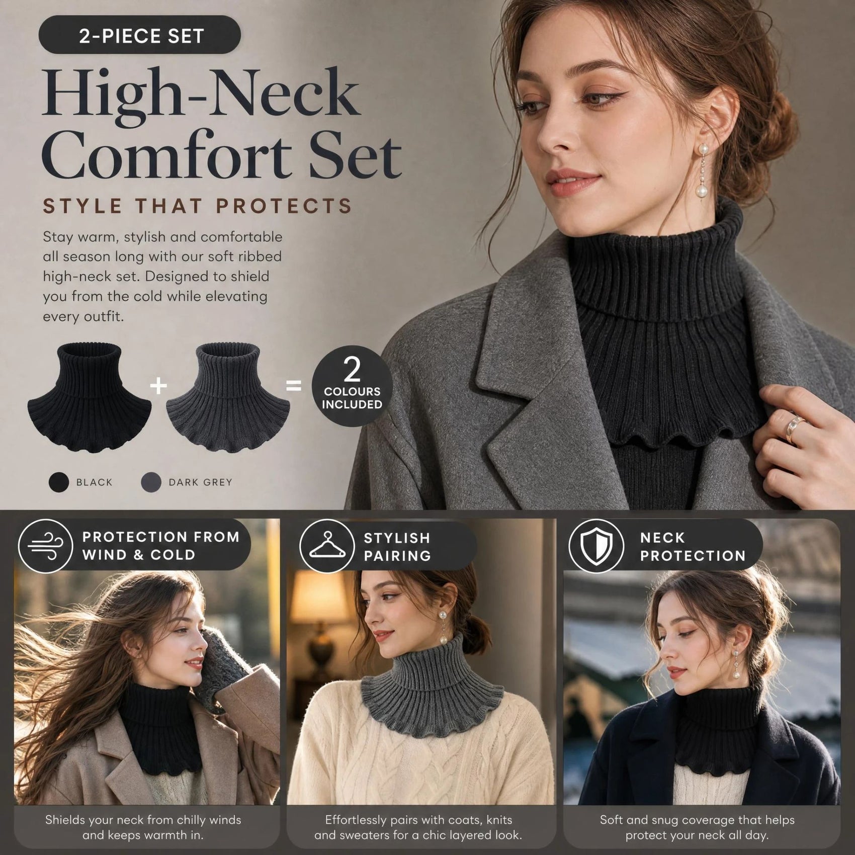 2-Pack Black & Grey thick mock high collar warmers, simple neutral steady wind barrier two-piece snood pack
