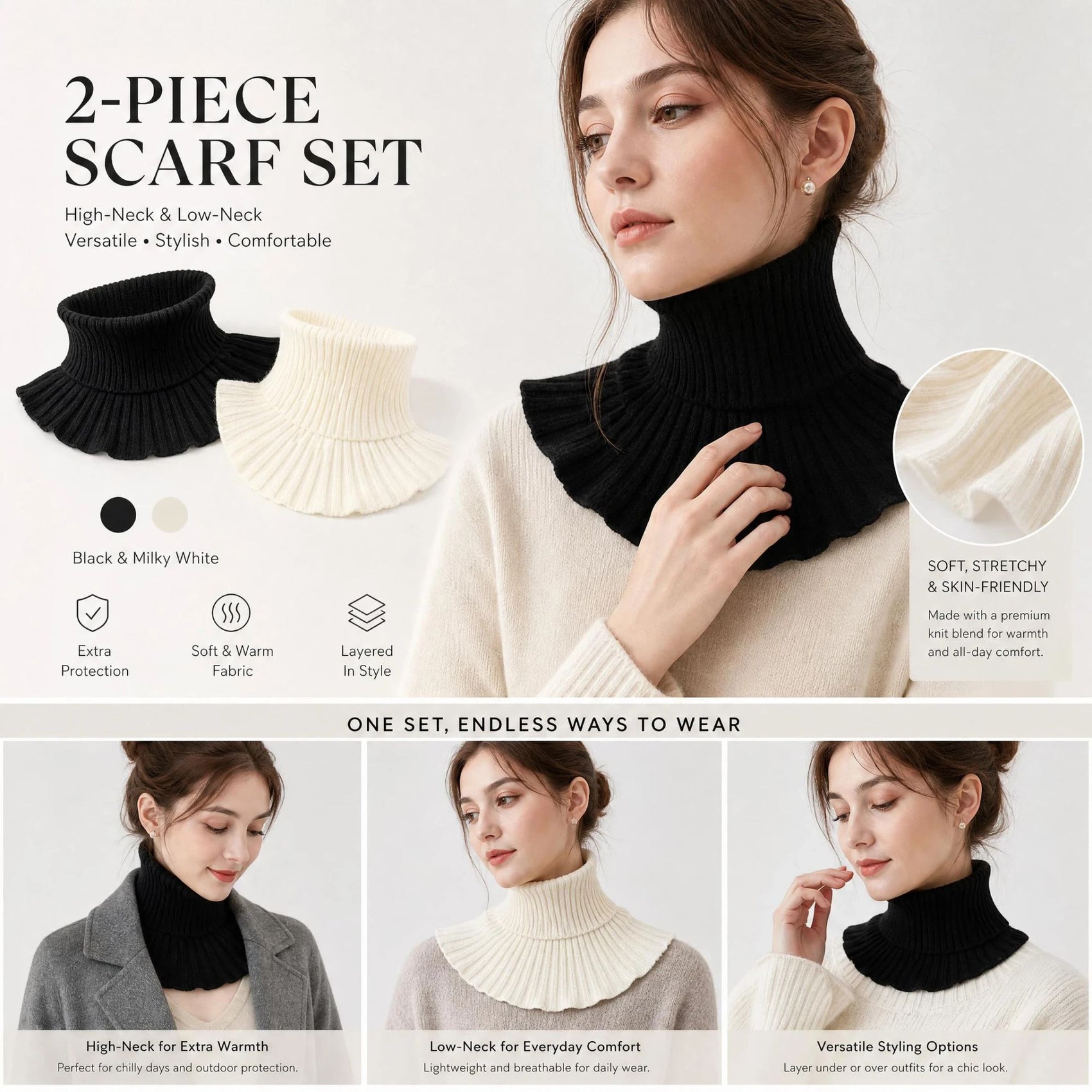2-Pack Black & Off White thick thermal neck wrap set, gentle classic chill blocking dual collar twin pack