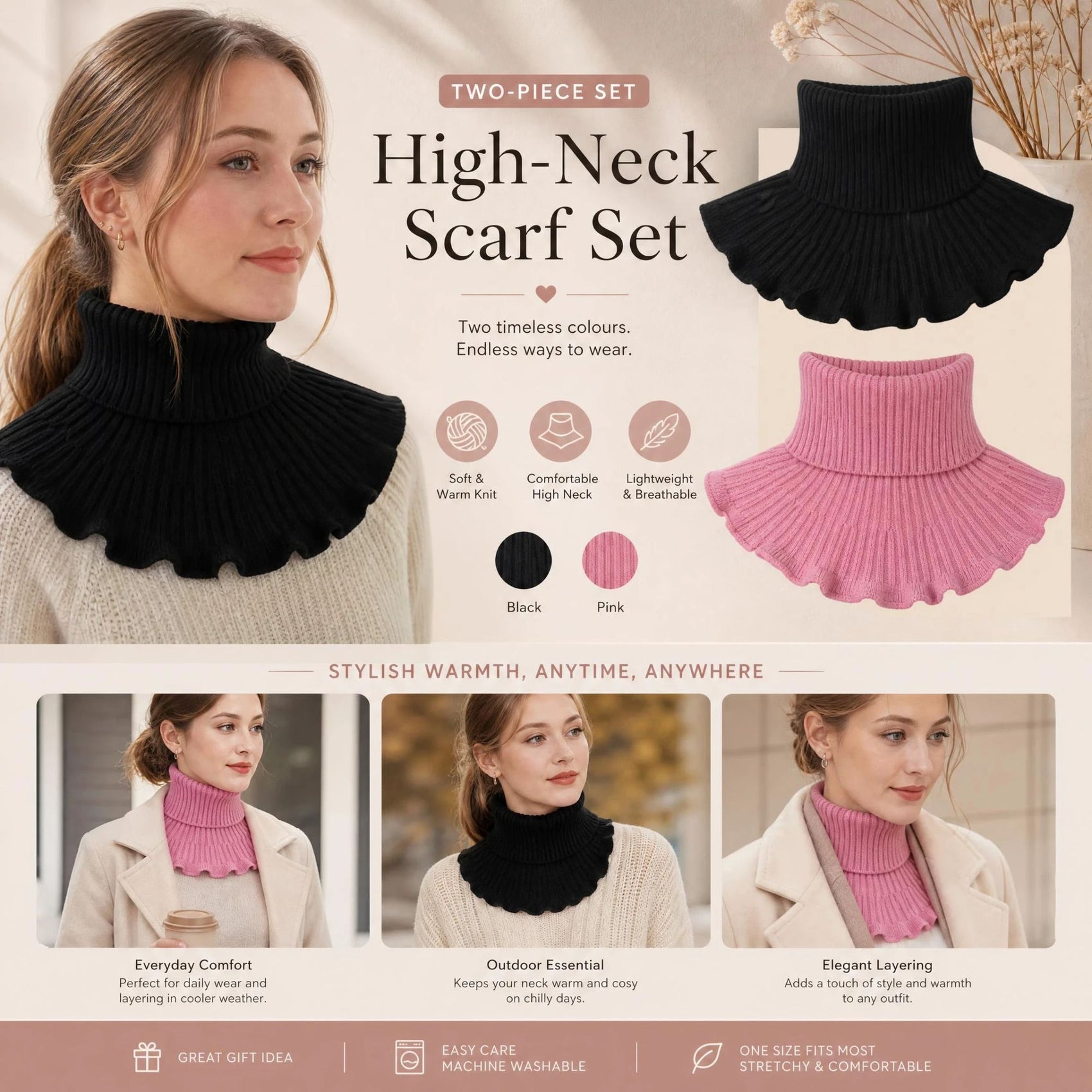 2-Pack Black & Pink thick knit snood combo, cool sweet contrast wind shield layering cover
