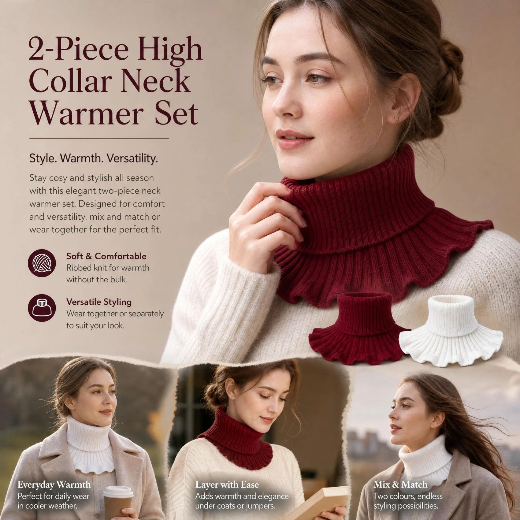 2-Pack White & Wine Red thick knitted mock neck warmers, soft elegant chill defence dual styling wrap set