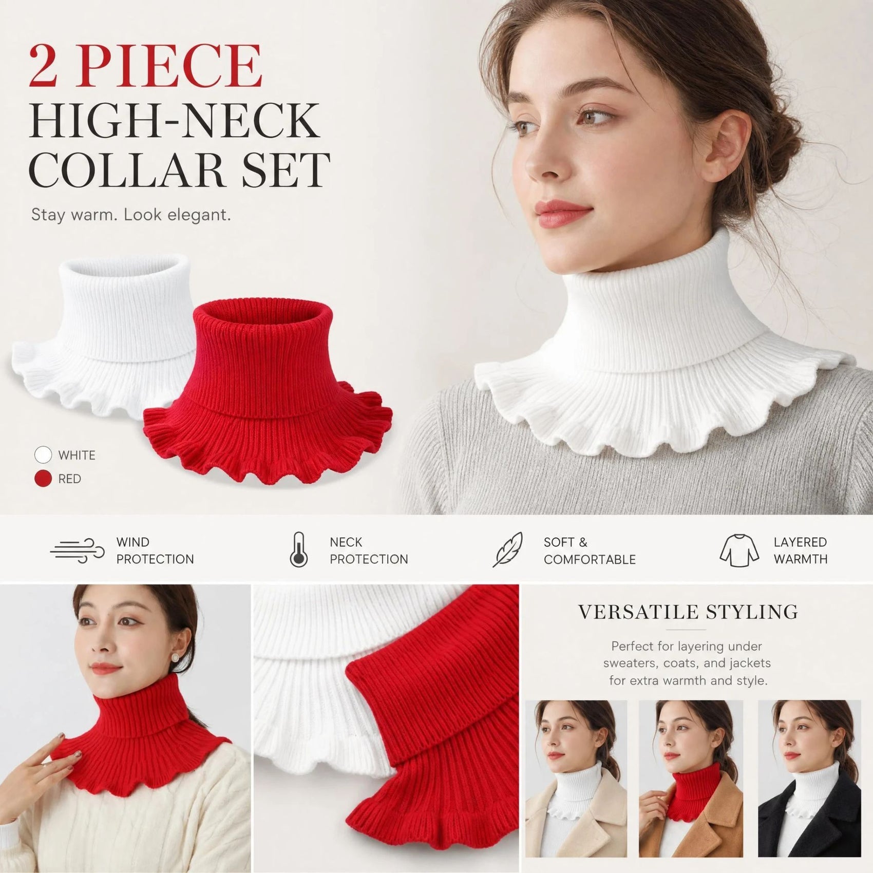 2-Pack White & Bright Red thick neck tube combo, clean full wind coverage mock high collar twin kit