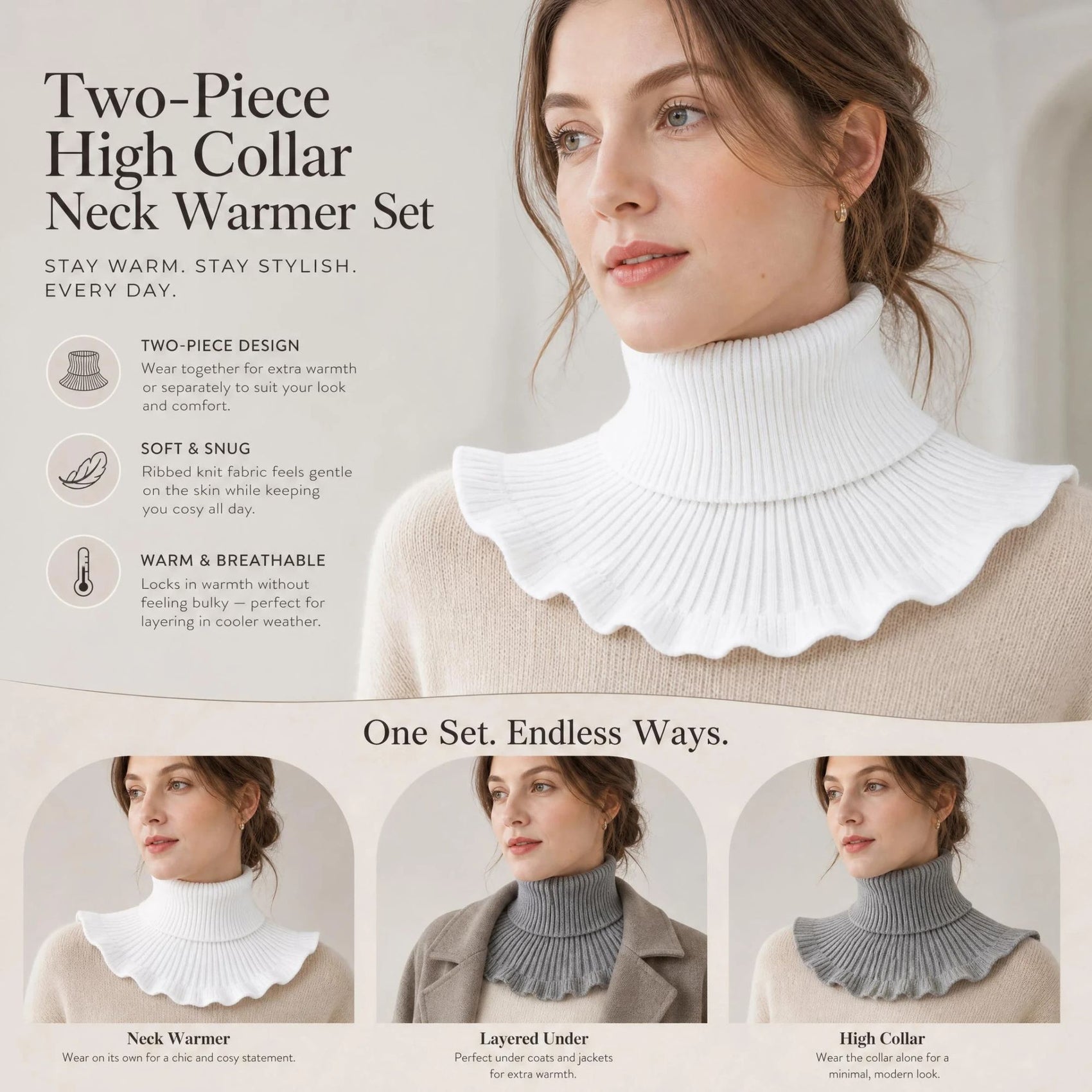 2-Pack White & Grey thick thermal neck protector set, neutral fresh chill blocking versatile snood