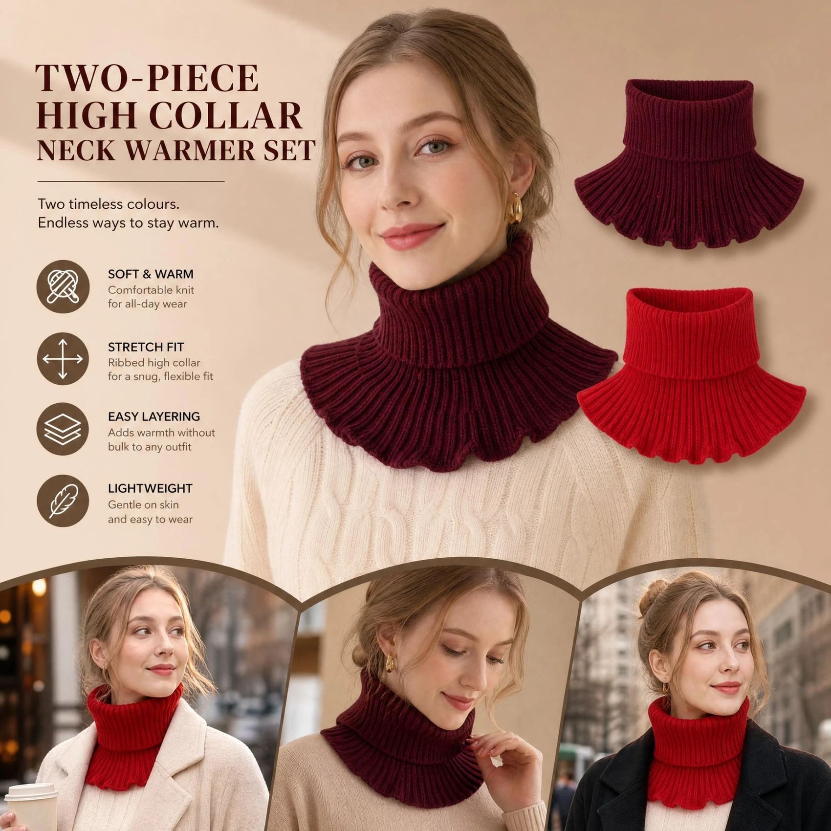 2-Pack Wine Red & Bright Red thick knitted snood combo, double rich tone full wind coverage twin styling set