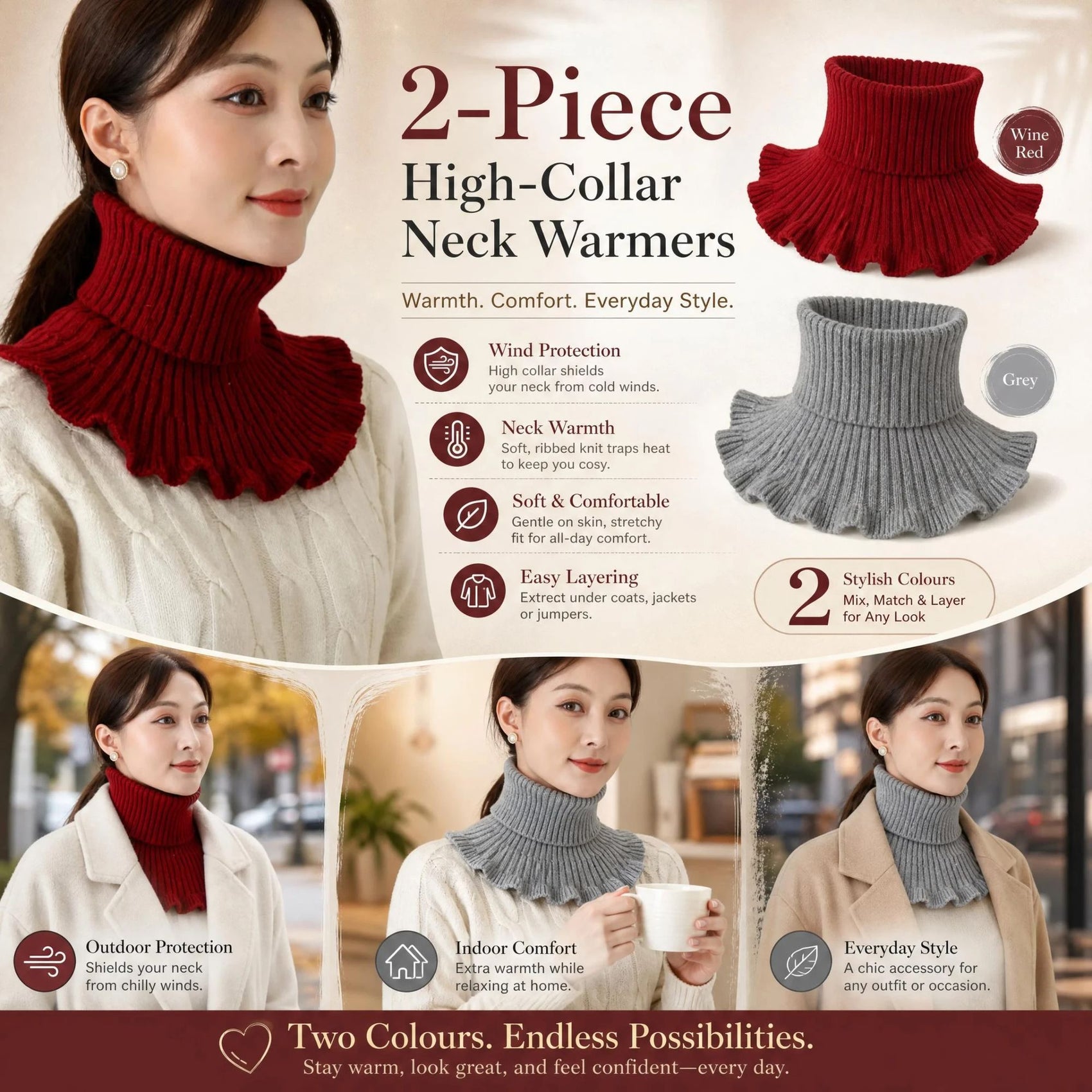 2-Pack Wine Red & Grey thick thermal neck tube set, timeless neutral wind resistant mock collar protector