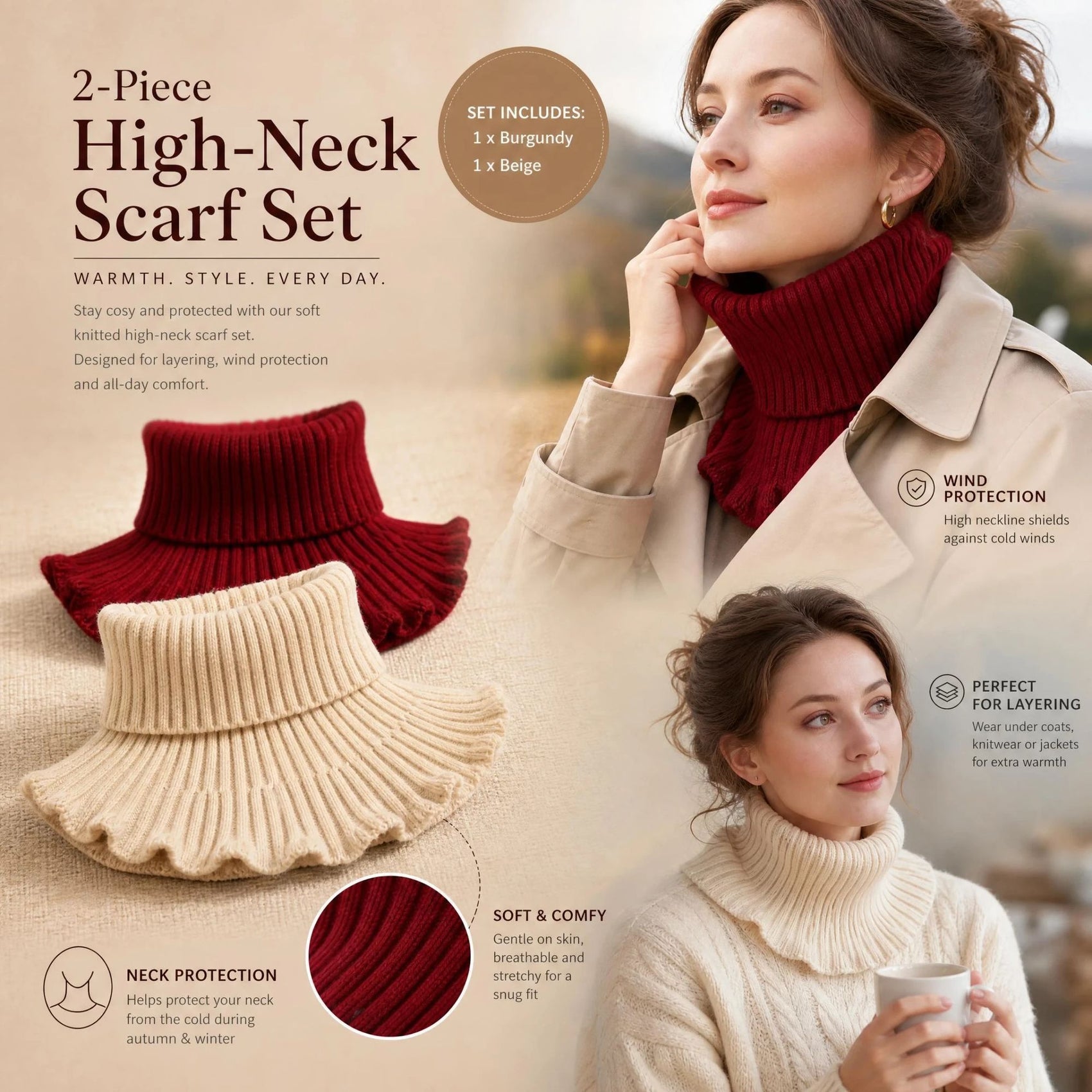 2-Pack Wine Red & Off White thick knit neck protector twin pack, gentle elegant chill defence dual neck cover