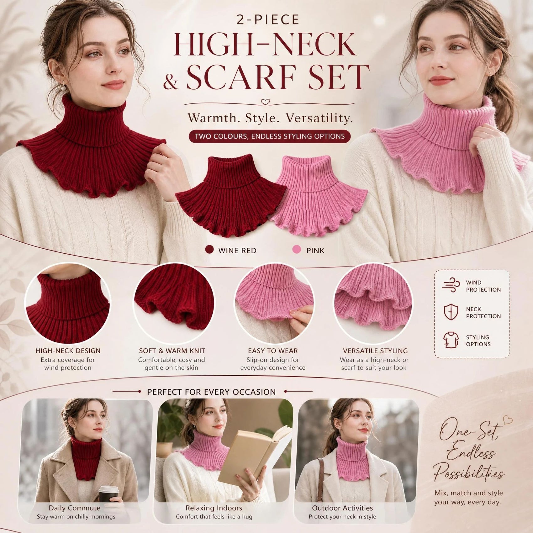 2-Pack Wine Red & Pink thick mock collar warmers, sweet timeless tone steady wind barrier snood combo