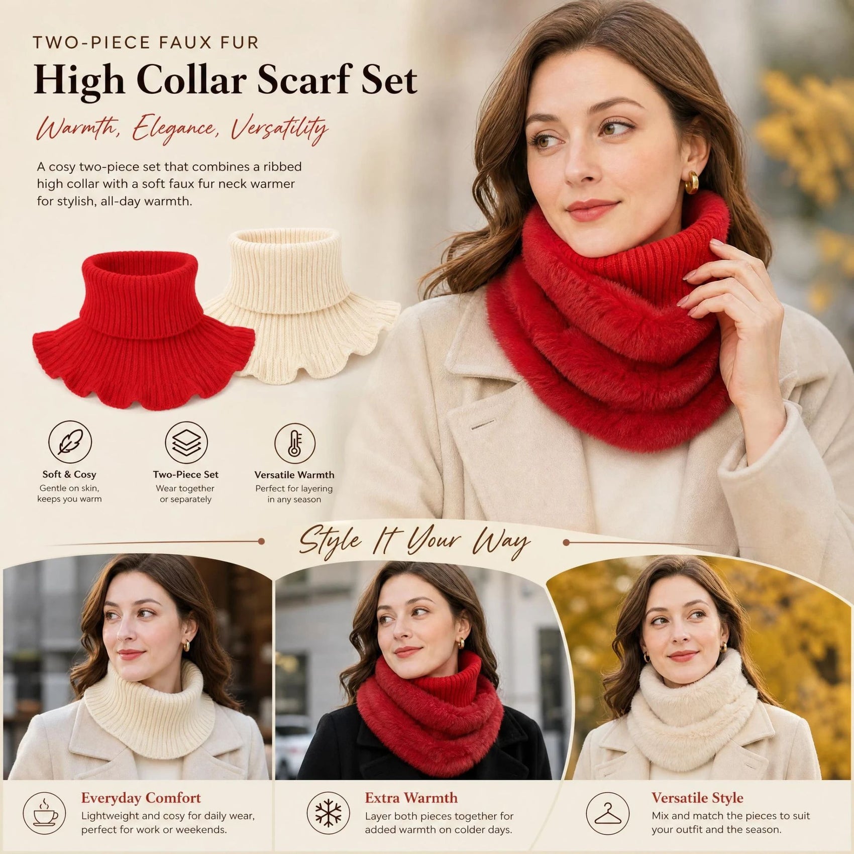2-Pack Bright Red & Off White thick thermal snood combo, warm soft dual tone full wind shield twin cover pack