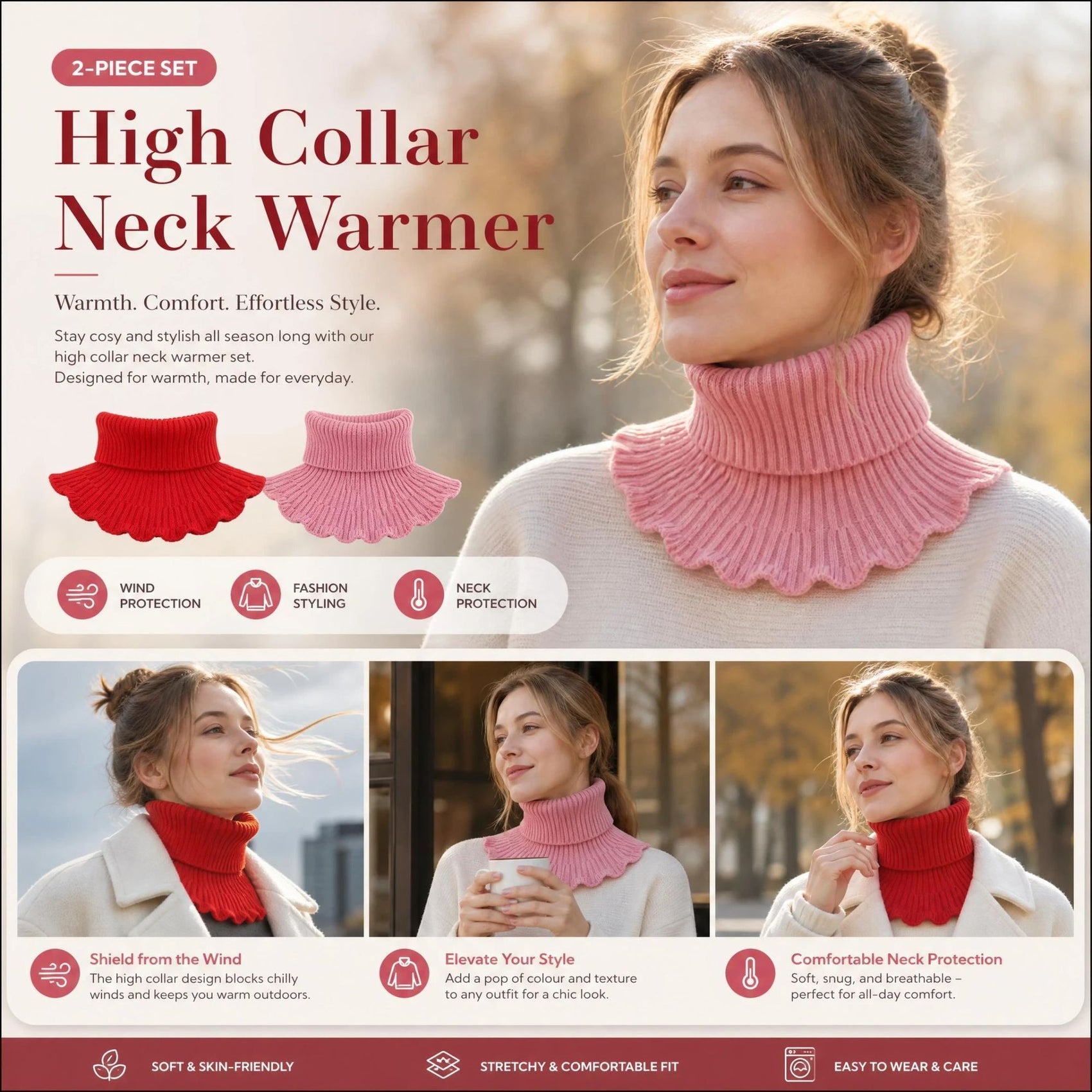 2-Pack Bright Red & Pink thick mock high collar neck protector twin pack, sweet steady wind barrier daily styling wrap