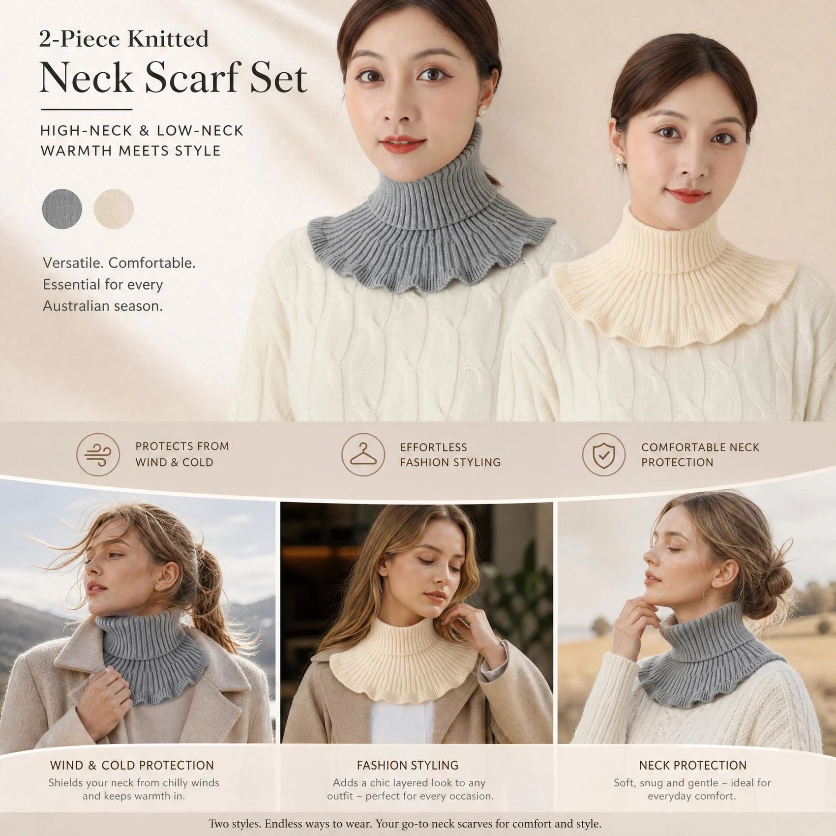 2-Pack Grey & Off White thick knit neck warmers, neutral gentle two-tone wind shield layering twin set